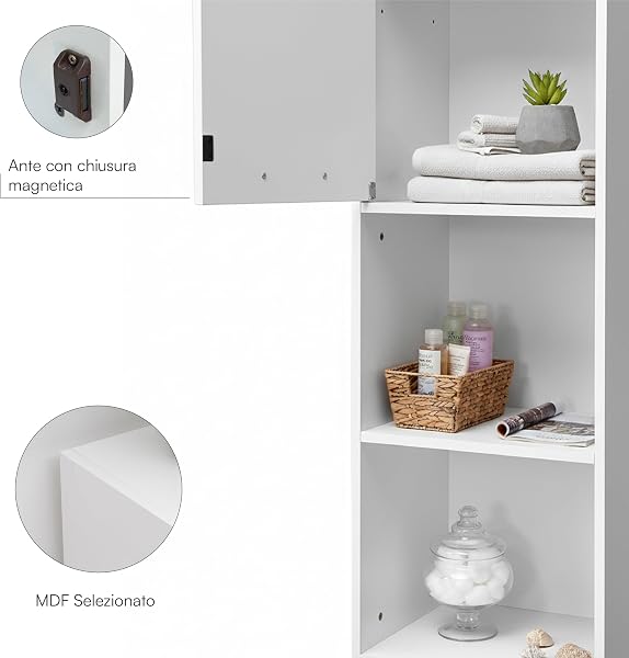 Baroni Home Colonna Bagno Salvaspazio, Mobile Alto con 2 Ripiani Aperti e 2 Ante, Armadietto Bianco Multiuso, Colonnina Moderna per Bagno, Cucina e Camera da Letto, 30x30x180 cm 6 Ripiani - 4