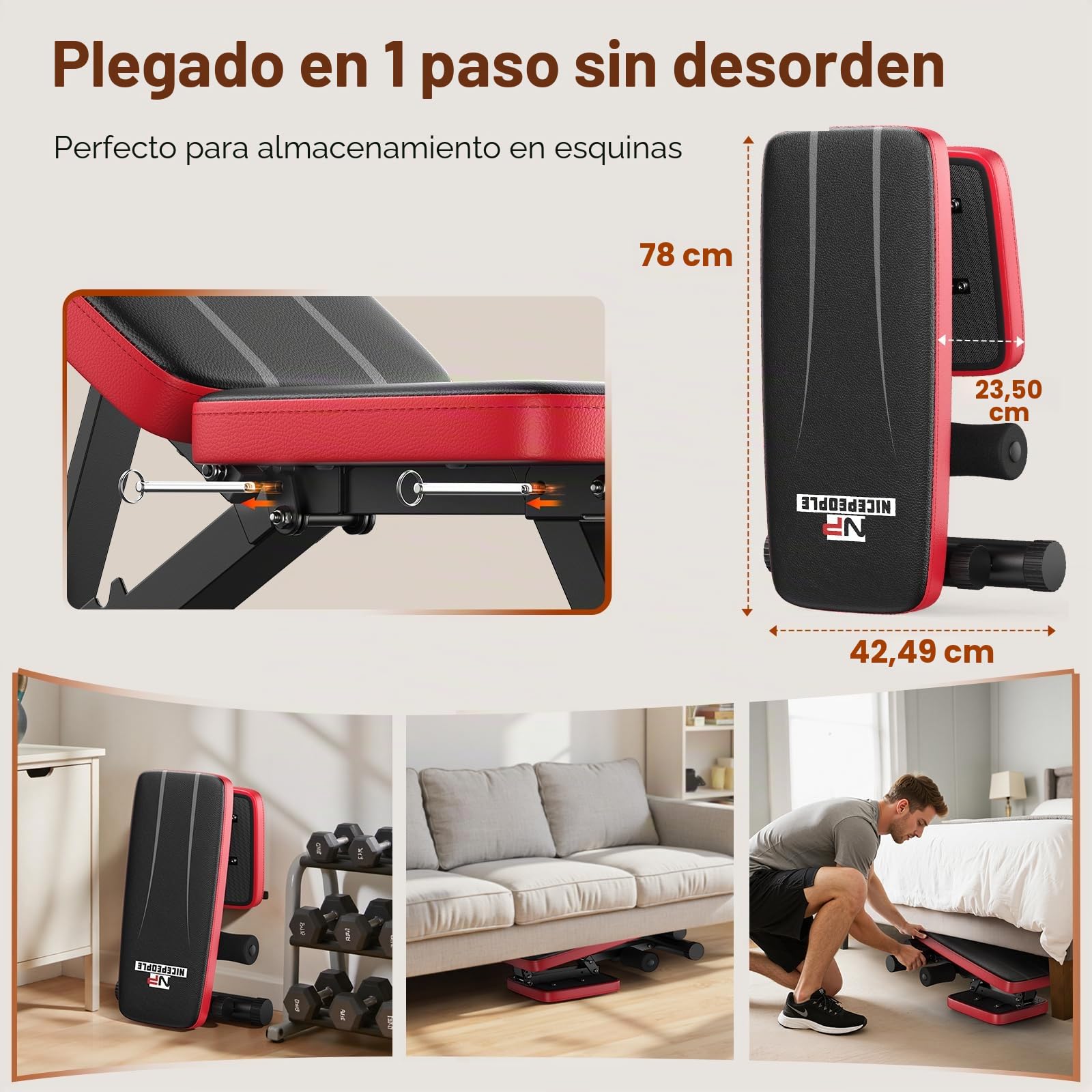 Nicepeople - Banco de pesas ajustable para gimnasio en casa, banco de entrenamiento con capacidad de 300 kg y 8 respaldos para pecho, hombros y brazos, banco de fuerza compacto y plegable para