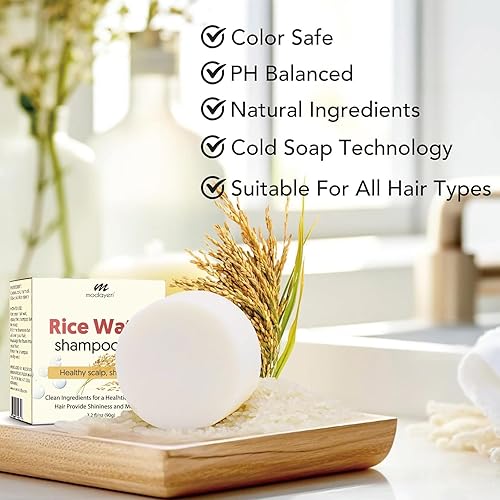 Miniatura 3 de Barra de champú de agua de arroz, fortalecimiento y reparación del cabello, fórmula vegana con ingredientes naturales, sin sulfatos, sin parabenos,