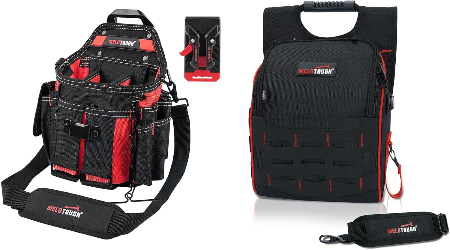 MELOTOUGH Professional Electrician Tool Pouch with Shoulder Strap, Zippered Flip Cover Tool Pouch Bag with Multiple Storage Pockets for Electricians, Technicians, Maintenance (Red)