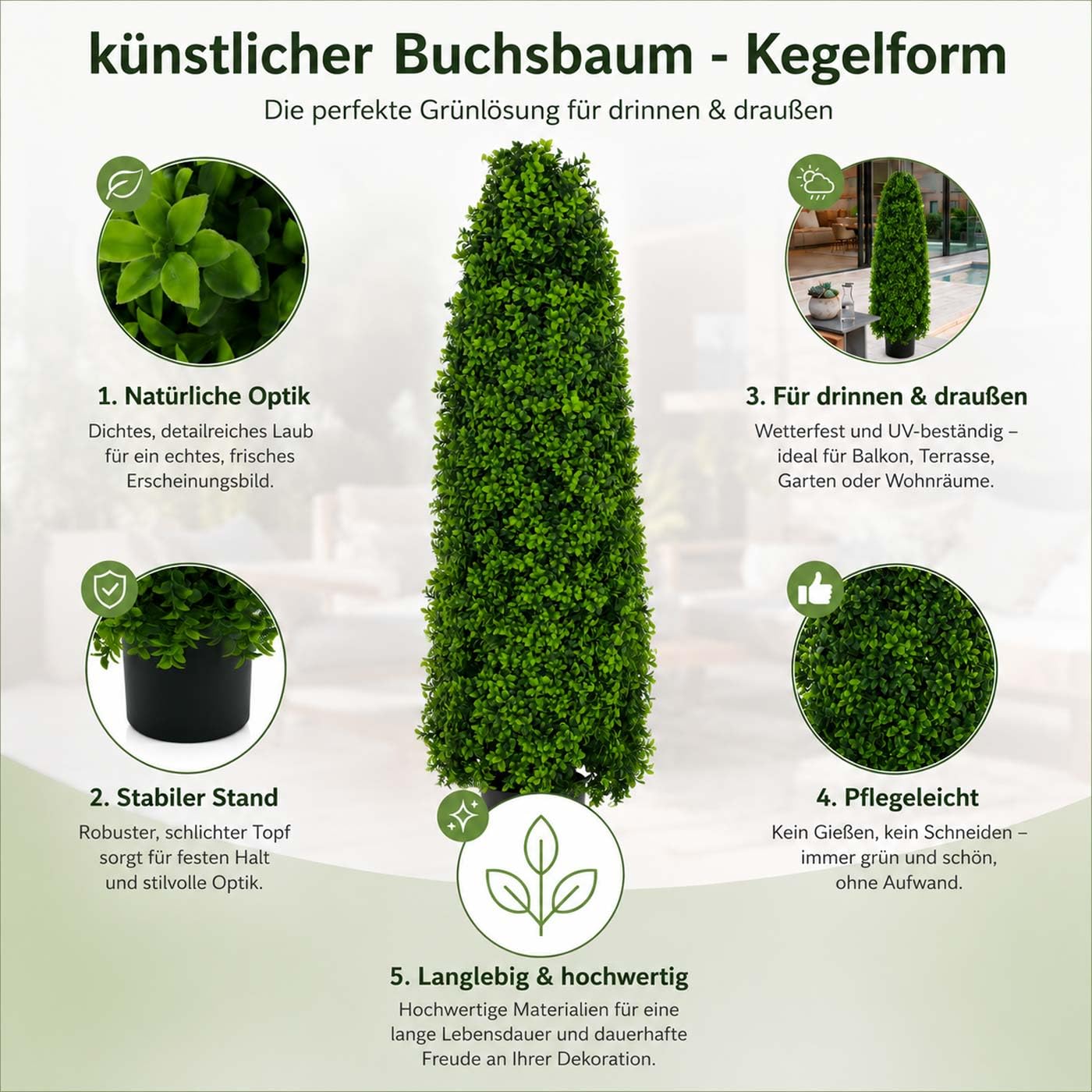 Mendler Künstlicher Buchsbaum HWC-Q89 120x35x35cm | Buchs, Buxus, im Topf, Dekobaum, Kunstpflanze, Kegel, naturgetreu immergrün Outdoor