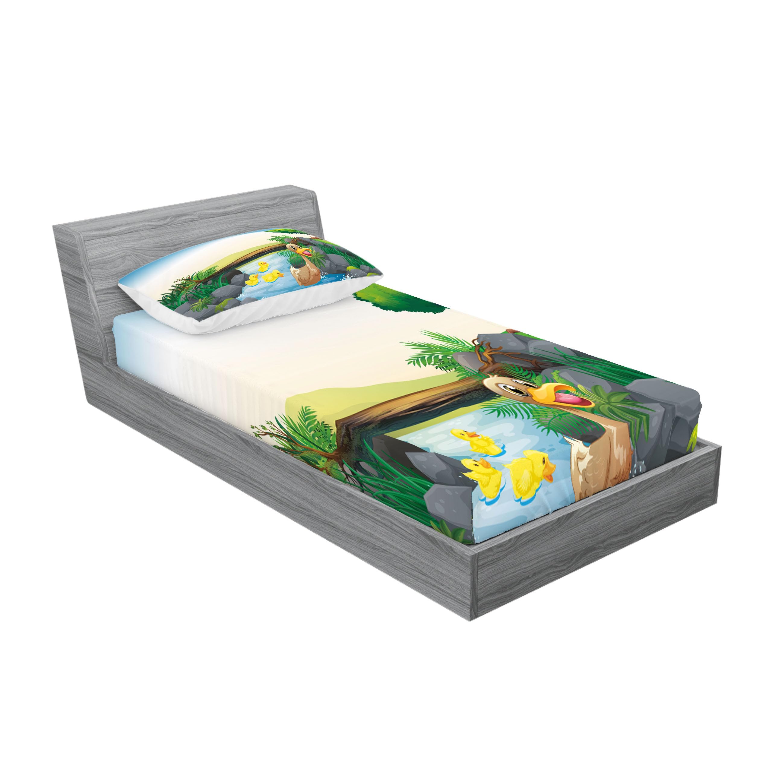 Ambesonne Rubber Duck Fitted Sheet & Pillow Sham Set, Cartoon Mother & Ducklings River Kids Fun Farm Animals Print Outdoor Feathers, Decorative Printed 2 Piece Bedding Decor Set, Twinxl, Green Brown