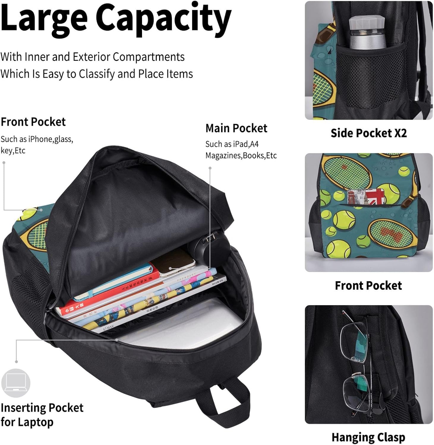 3PCS Backpack Sets with Funny Tennis Racquets and Tennis Balls Laptop Backpack Lunch Bag Pencil Case for Women Men Travel Bag