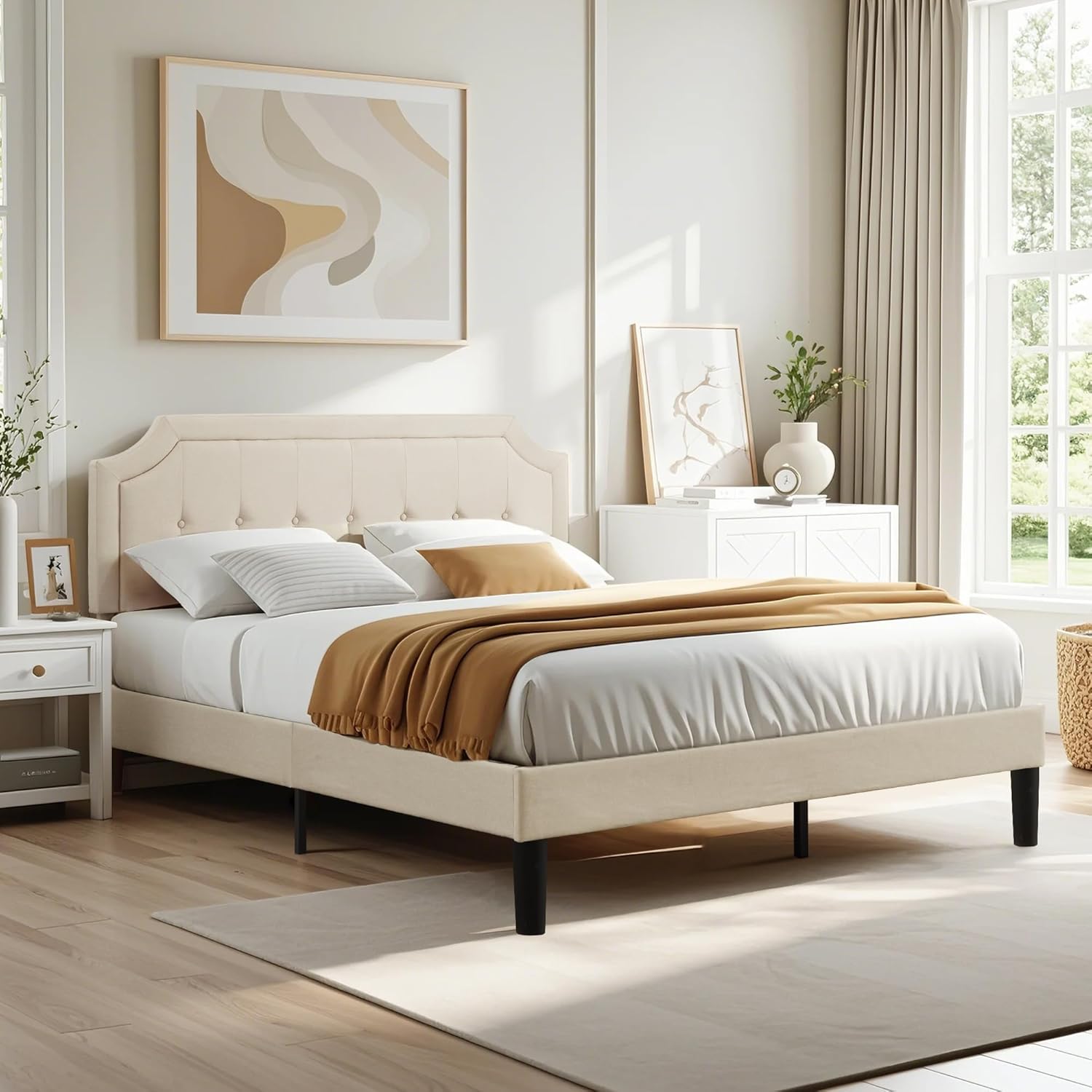 VECELO Queen Size Platform Bed Frame with Fabric Upholstered Headboard and Wooden Slats Support, No Box Spring Needed/Easy Assembly,Beige - Image 3