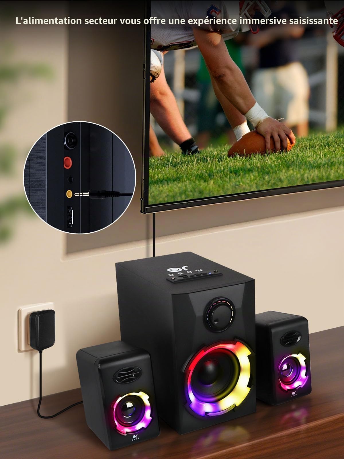OR O R O W Enceintes PC,40W Haut Parleur PC avec Bluetooth,Enceinte PC avec Caisson de Basse, Gamer Enceintes pour Ordinateur,Gaming Enceintes pour Bureau/écran/Portable/TV (2.1 Enceintes PC)