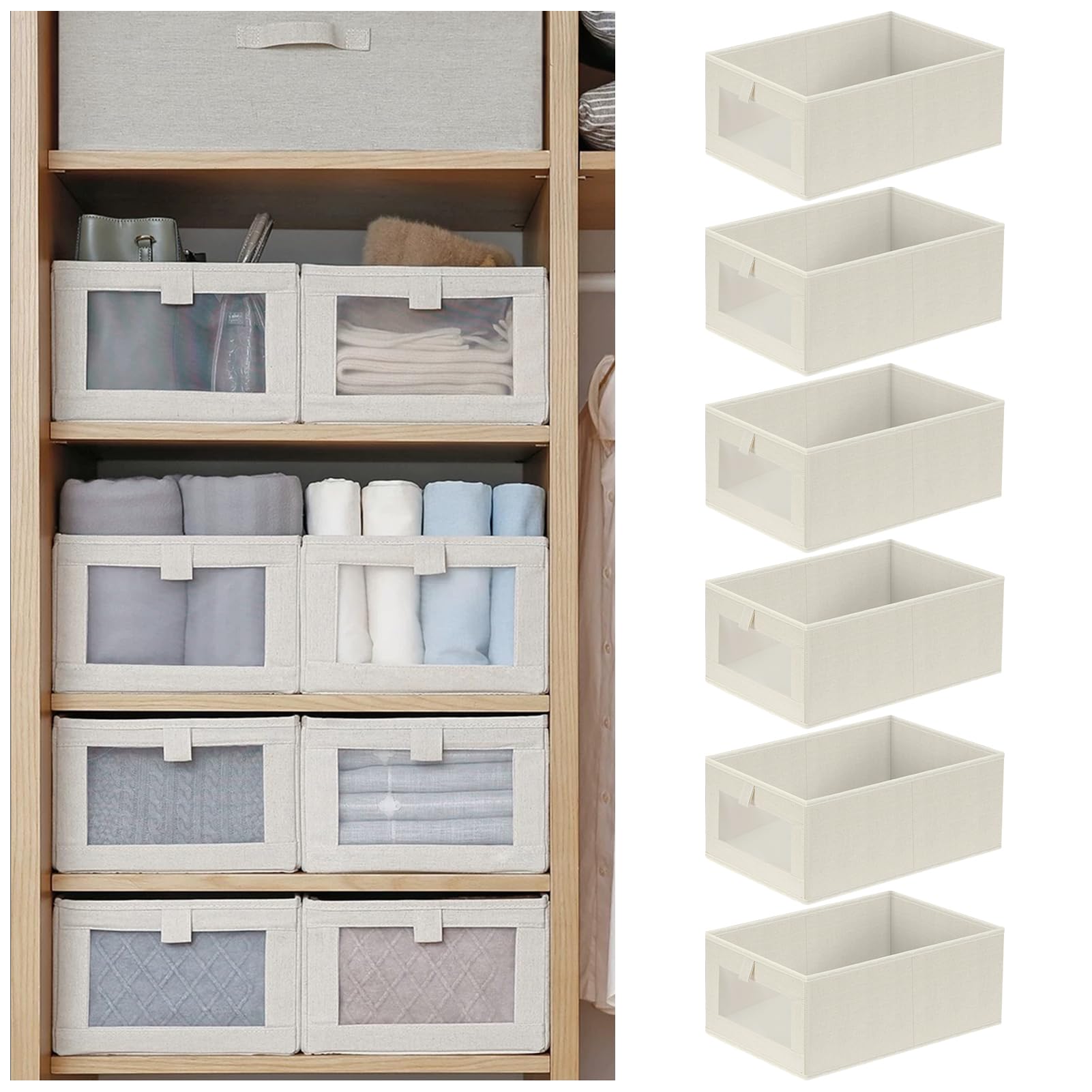HOTOOLME Wardrobe Organiser Foldable Linen Storage Bins with Clear Window Fabric Storage Box Drawer Organiser for T-Shirts,Jeans,Underwear