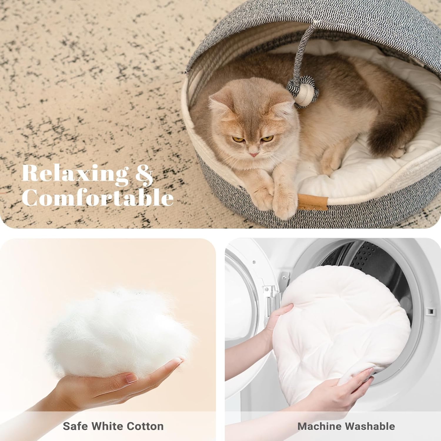 CHEERPALS Cat Basket Bed for Indoor Cats, Covered Pet Bed with Washable Cushion and Ball Rope Cotton Bed for Medium and Large Cat, All Season Universal(Blue)