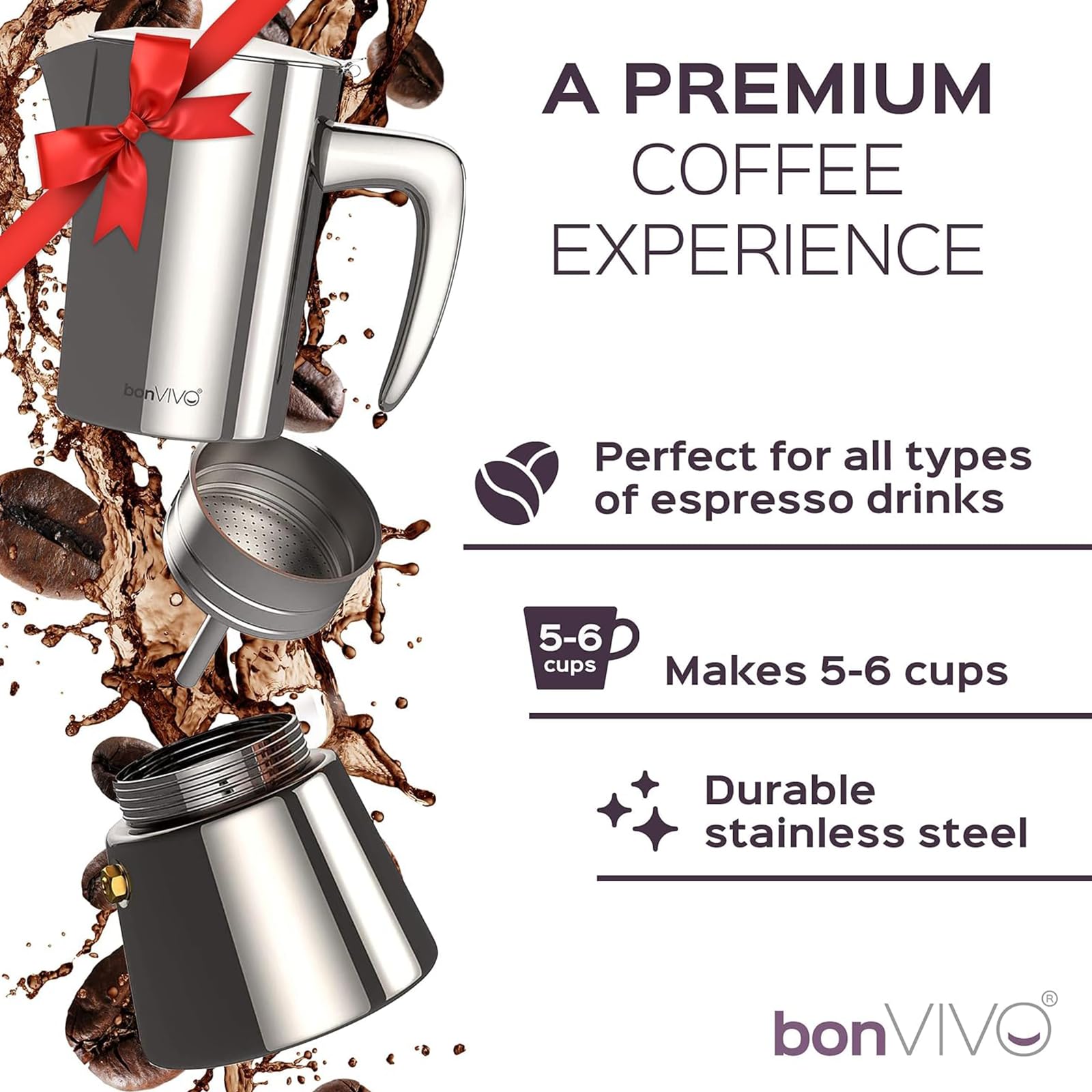 bonVIVO Intenca Espressokocher Induktion geeignet - Edelstahl Kaffeekocher in Kupfer Edelstahl m. Wasserkessel, Sieb – Mokkakanne (Kupfer, 6 Tassen 300 ml)