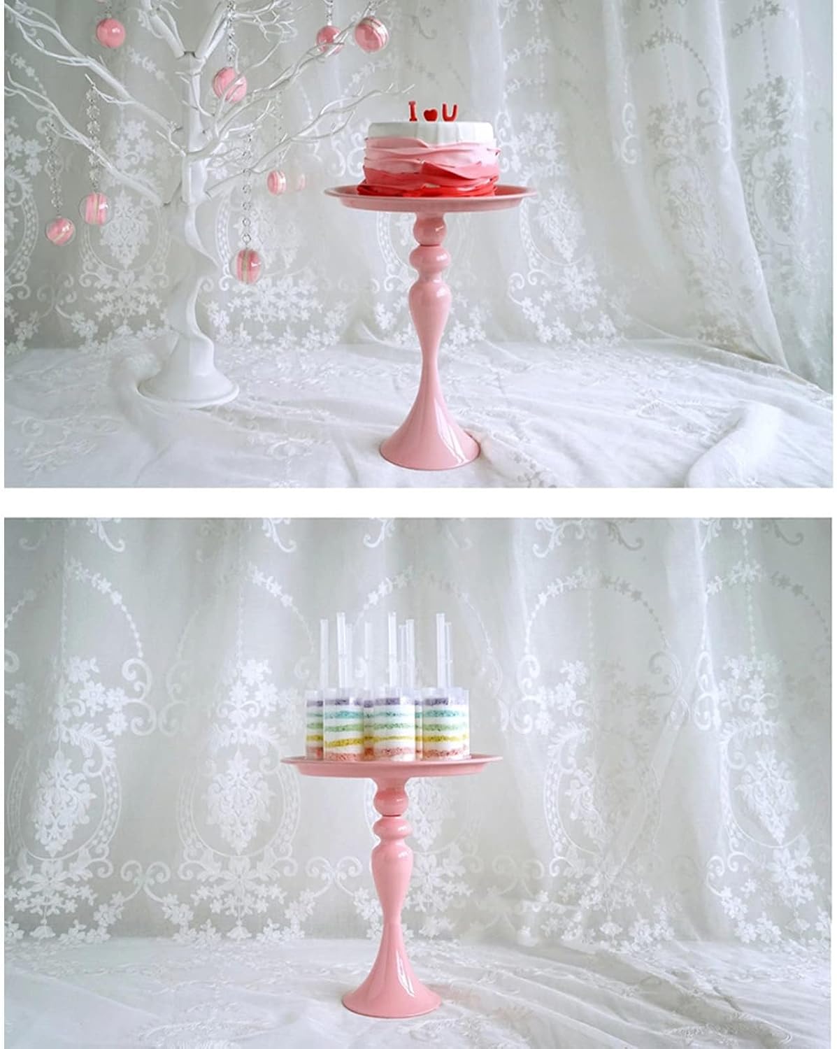 Small Pink Cake Stand, Decorative Round Dessert Display Plate Cupcake Holder for Wedding Birthday Party Anniversary Table Decor Vintage Iron Tray (Pink S)