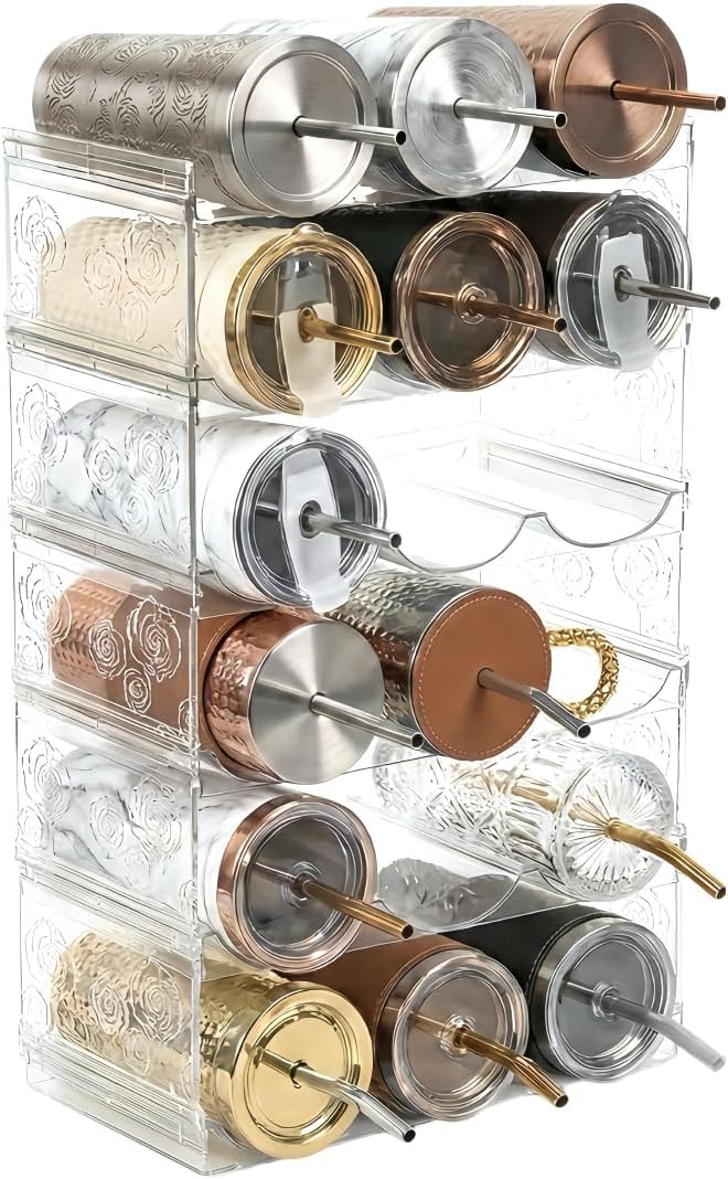 Stackable Water Bottle Organizer for Cabinet, Plastic Bottle Holder Designed for Starbucks Studded Tumblers up to 40oz, Plastic Cup Holder&Wine Rack for Pantry,Cupboard- 6 Layers Hold 18 Bottles