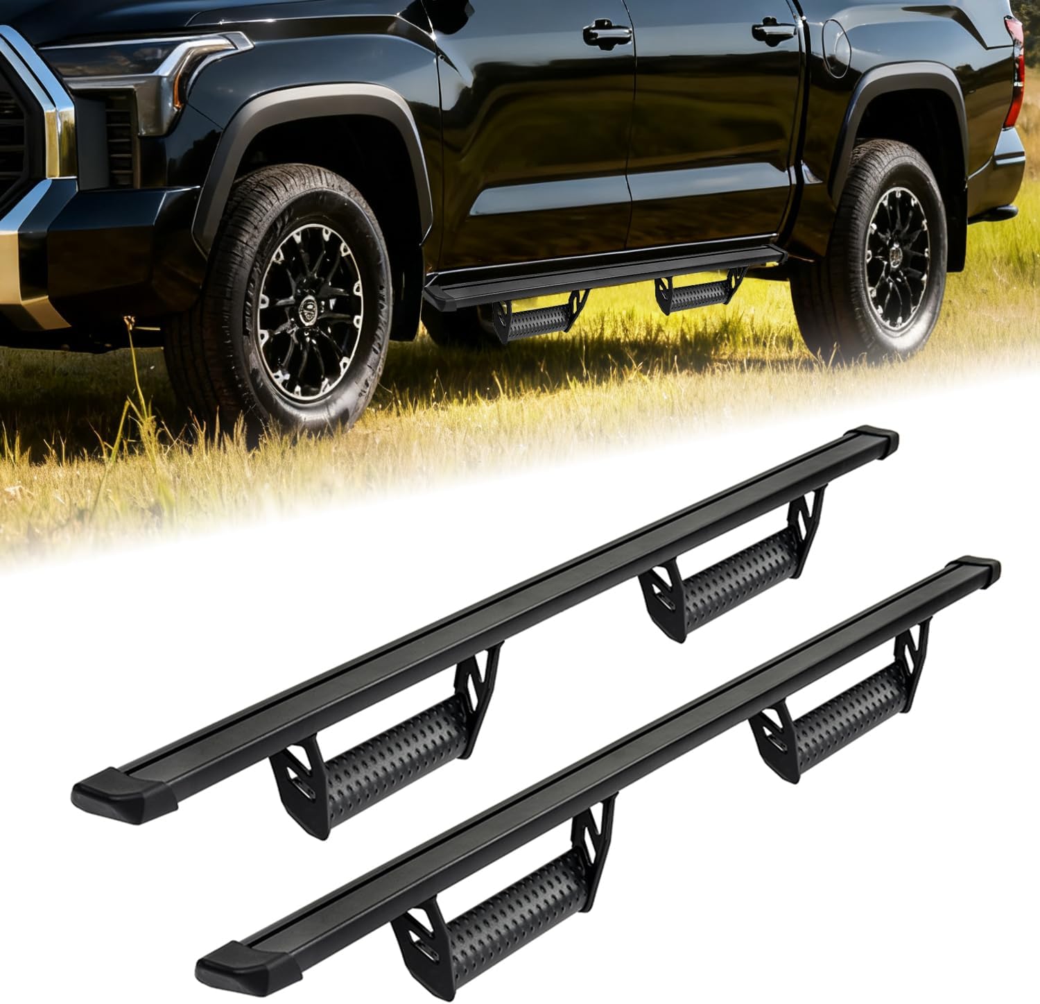 Aluminum Running Boards for 2022-2026 Tundra CrewMax Cab with 4 Full-Size Doors 600 Lbs Side Steps Step Bars Nerf Bars Off Road Exterior Accessories Drop Down Hoop Style Black 2Pcs