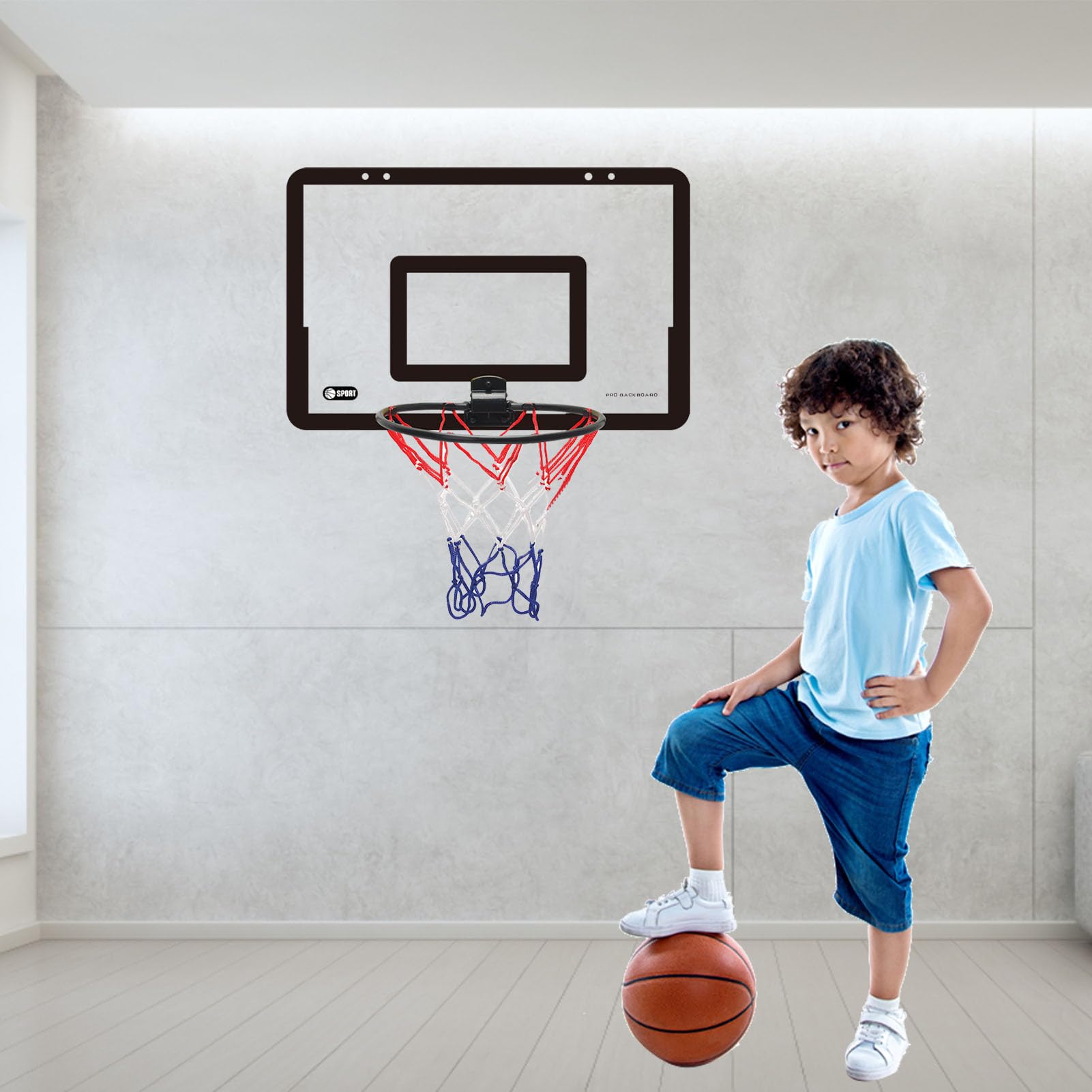 Mini canasta de baloncesto sobre la puerta, 40 x 26 x 5 cm, juego de baloncesto para interiores con pelota y bomba, cesta colgante para montaje en pared, sin taladrar, canasta de baloncesto para niños