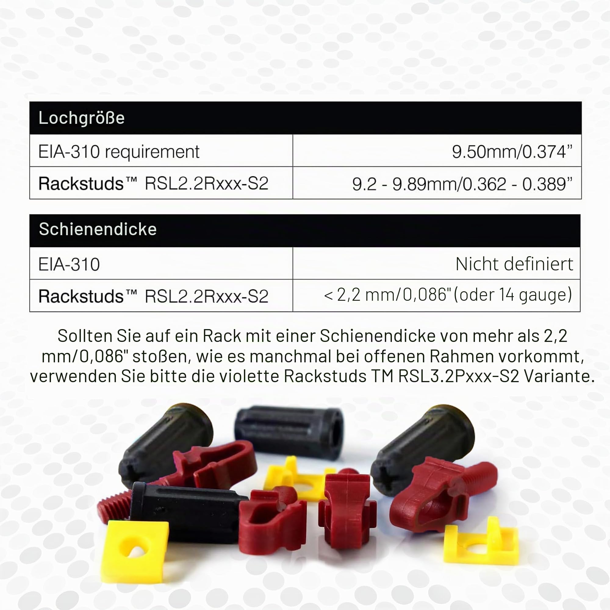 Rackstuds R100 Serie II Rackmontageschrauben – Server-Rack-Schrauben und Käfigmuttern-Ersatz für 19" Server-Rackschienen mit quadratischen Löchern – ohne-Werkzeug – Rot 2,22 mm / 0,086 – 100 Stück
