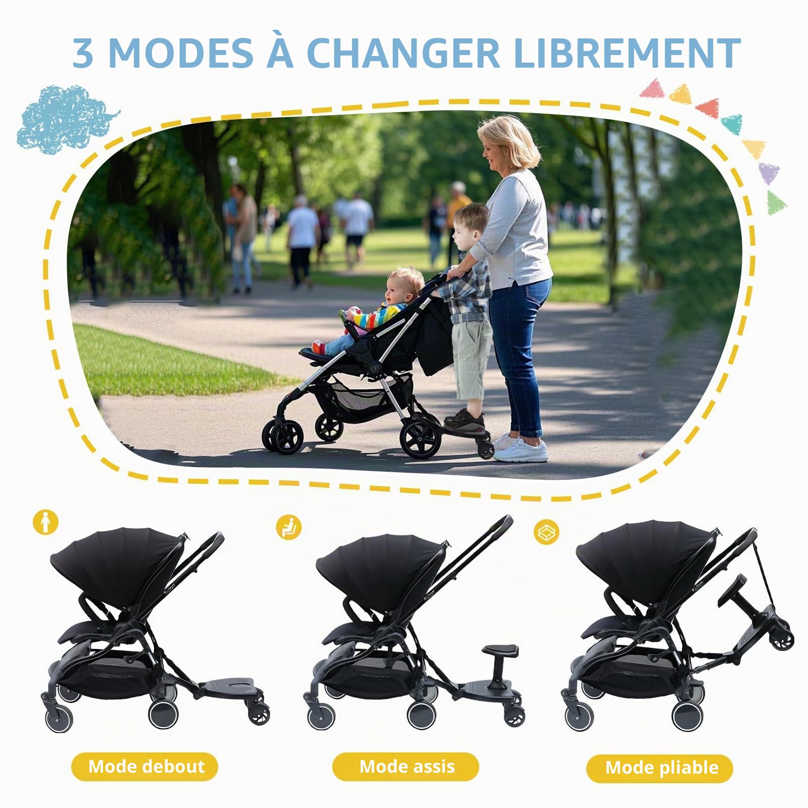 Vihir Planche Poussette Universelle, Planches à roulettes pour bébé, Marche Pied Poussette Avec Sièges Plus Larges et Hauts, Avec de Deux Tapis Antidérapants, pour Enfants de 2 à 6 Ans (25KG)