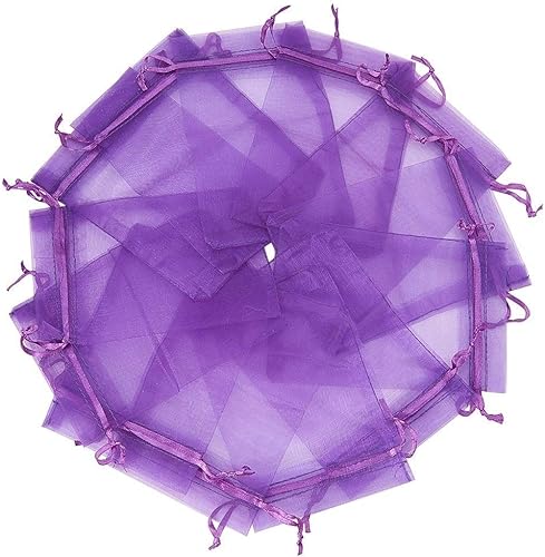 Wuligirl - 100 bolsas de organza transparentes de 5 x 7 pulgadas, paquetes de cordón morado, bolsas de joyería para lápiz labial, bolsas de regalo