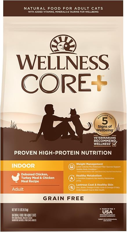 Ração seca para gatos adultos de interior Wellness CORE+ com frango e peru, sem grãos, 4,99 kg