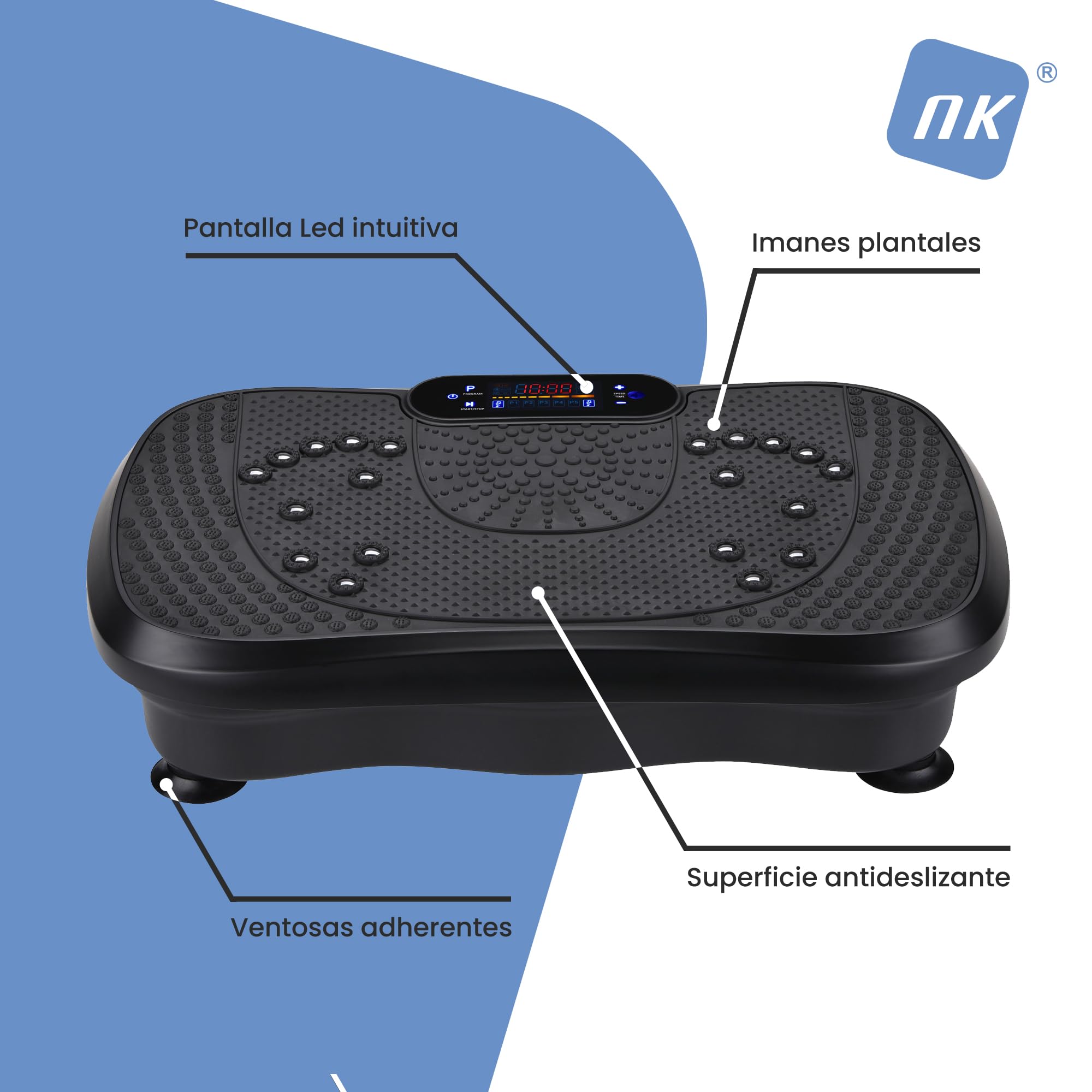 NK Plataforma Vibratoria de Entrenamiento, 99 Velocidades, 5 Modos Automáticos, Pantalla LED, Altavoz Bluetooth, Máquina de Ejercicio en Casa con Bandas de Resistencia, Silenciosa y Compacta