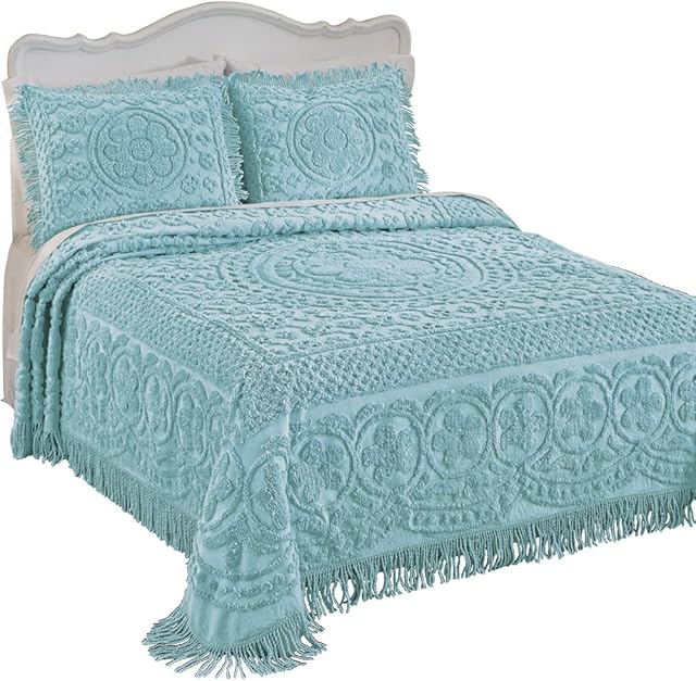 Collections Etc Calista Chenille Lightweight Bedspread with Fringe Border, Turquoise, Twin