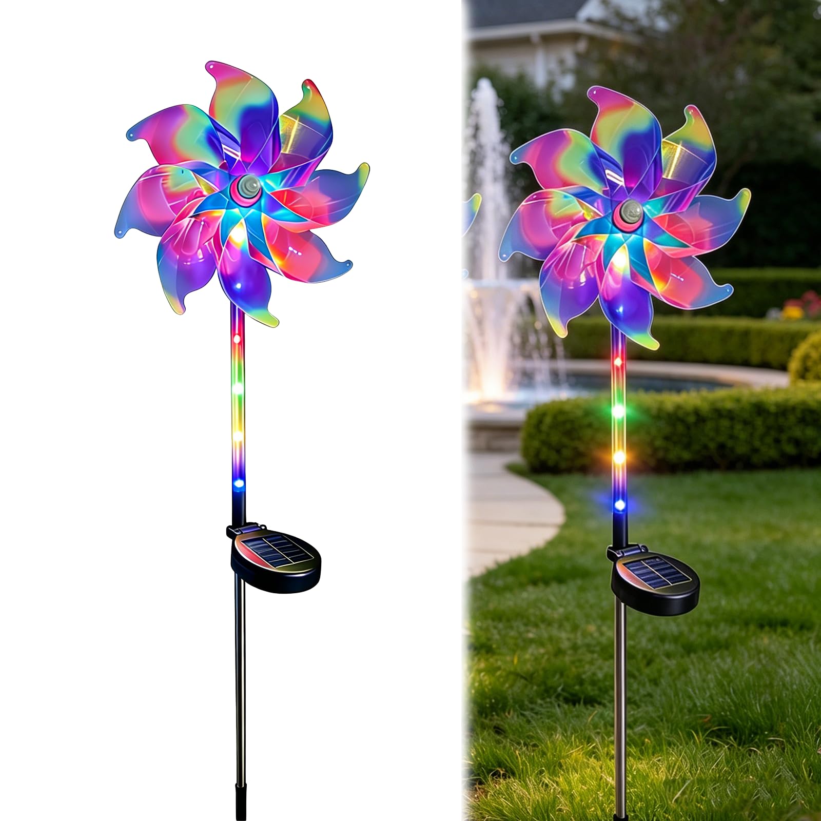 LED Solar Garden Pinwheel, Rainbow Solar Wind Spinner with LED Lights, Solar Powered Garden Stake, Outdoor Decoration for Lawn, Patio, Balcony, Flower Beds (1PC)
