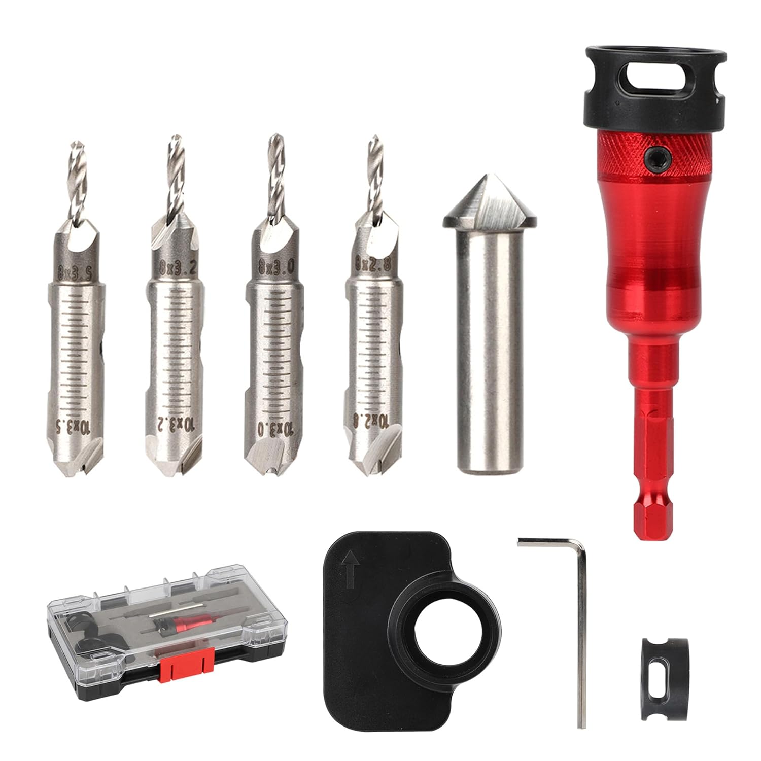 Metal Countersink Drill Bit Set 10-in-1 with Depth Stop, 4 Reversible Heads & Vertical Pilot Adjustable - Hex Shank & Phillips Bit for Hardened Steel/Woodworking