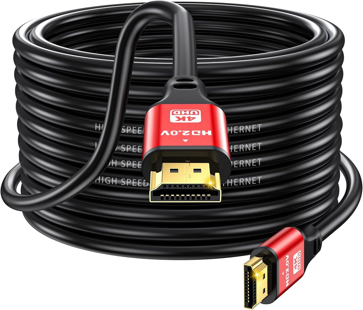 50FT Long HDMI Cable 4K60Hz, High Speed 4K HDMI Cable with Gold Plated Connectors, Red Aluminum Housing, for Projector, Home Theater, Church, Classroom, Large Room, AV Cabinet Setup.