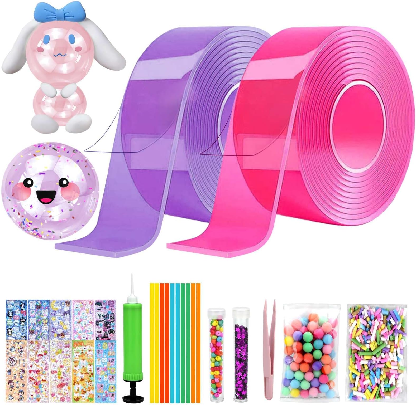 Nano Tape Bubble Kit, Balloon Fidget Toy, Double Sided Super Elastic Blowing Handmade DIY Craft, Party Favors for Kids 3 4 5 6 7 8 Year Old, Girl Boy Gifts (Pink+Purple)