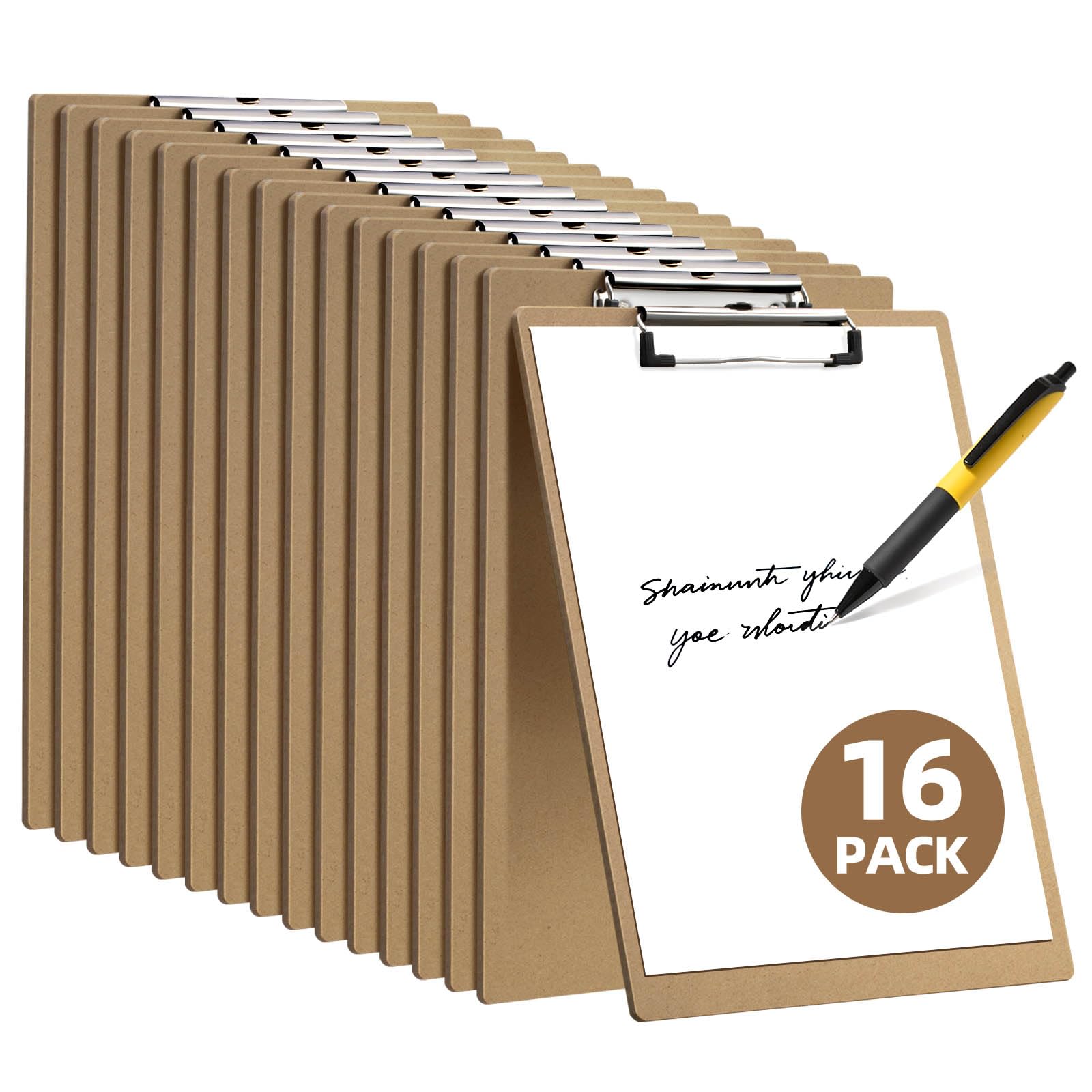 HappyHapi 16 Pack Clipboard 8.5 x 11 Letter Size Clip Boards Bulk, A4 Wooden Hardboard Office Clipboards Pack for Classroom, Work-Meetings, Brown