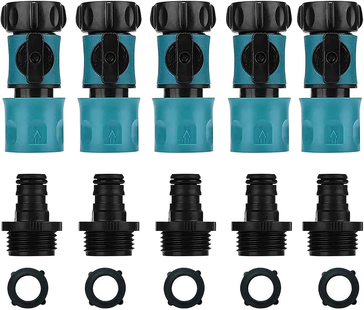 Conectores rápidos para manguera de jardín macho y hembra, conector de manguera de plástico con válvula de cierre y funciones de parada y bloqueo de agua, kit de liberación rápida de 3/4 pulgadas, accesorios y adaptadores para manguera (5 juegos/10 piezas)