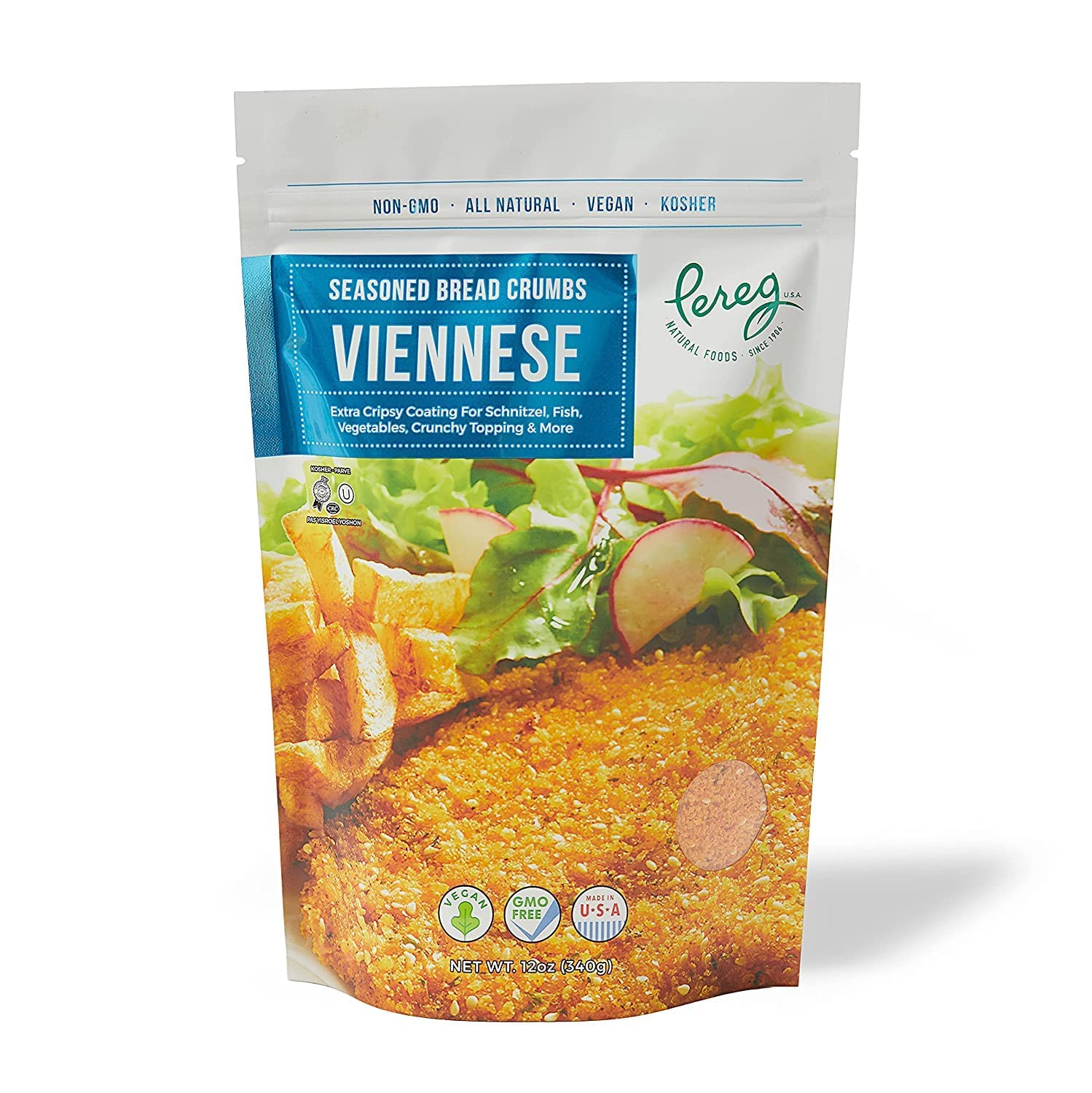 Pereg Bread Crumbs Viennese (12 Oz x 6 Pack) - Crispy Crunchy Breadcrumbs for Coating & Stuffing - Coat Schnitzel, Vegetables, Fish, Meatballs - Kosher Certified - Resealable Packaging