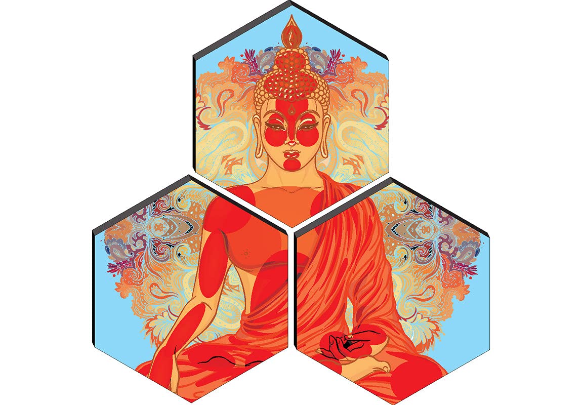 SAF paintings Set of 3 Hexagon Buddha MDF Board UV Textured Painting 17 Inch X 17 Inch SANFHXS30356