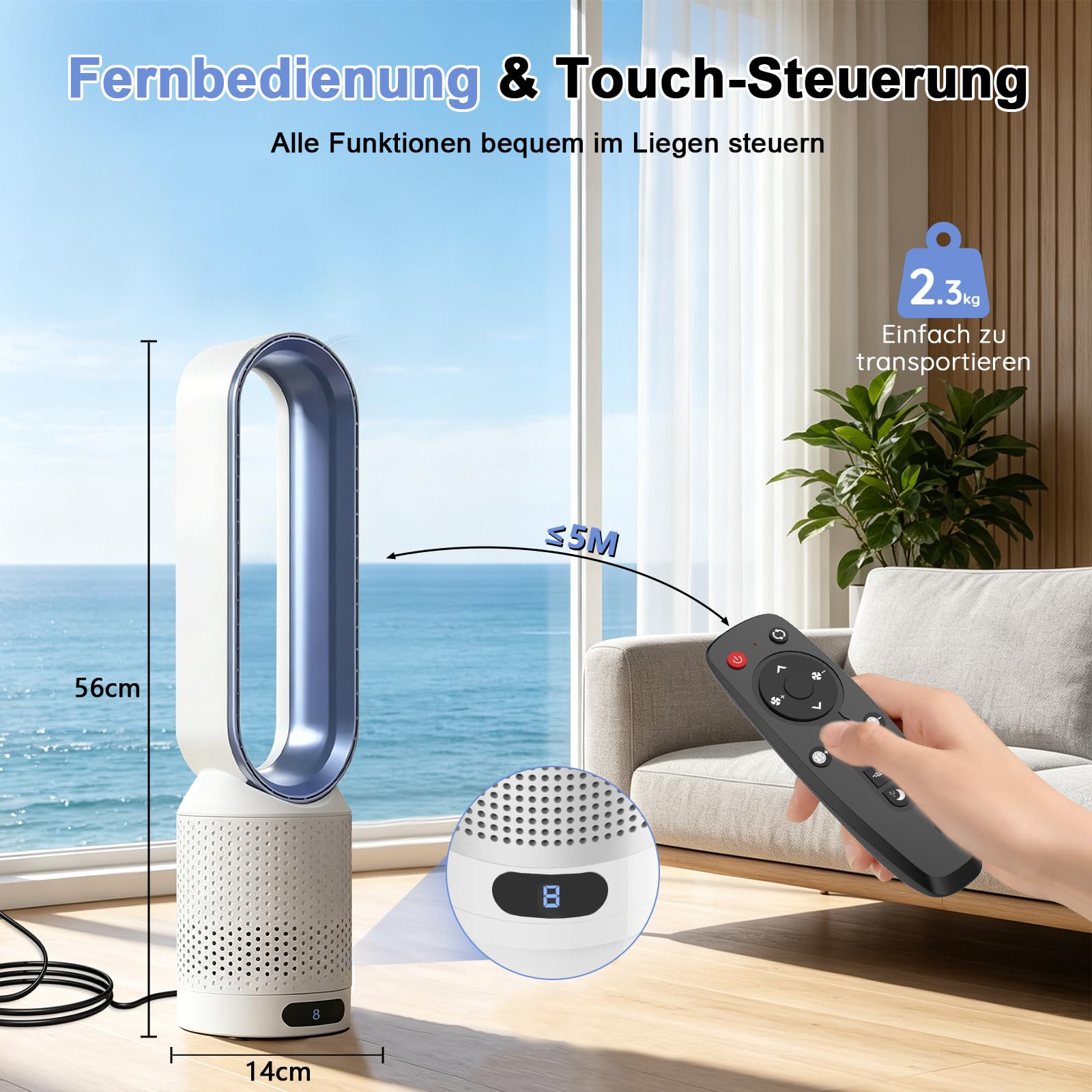 Rotorloser Ventilator mit Fernbedienung, Bladeless Fan, mobiles Klimagerät, 8 Gänge, 90° Oszillation, 30W, Blau