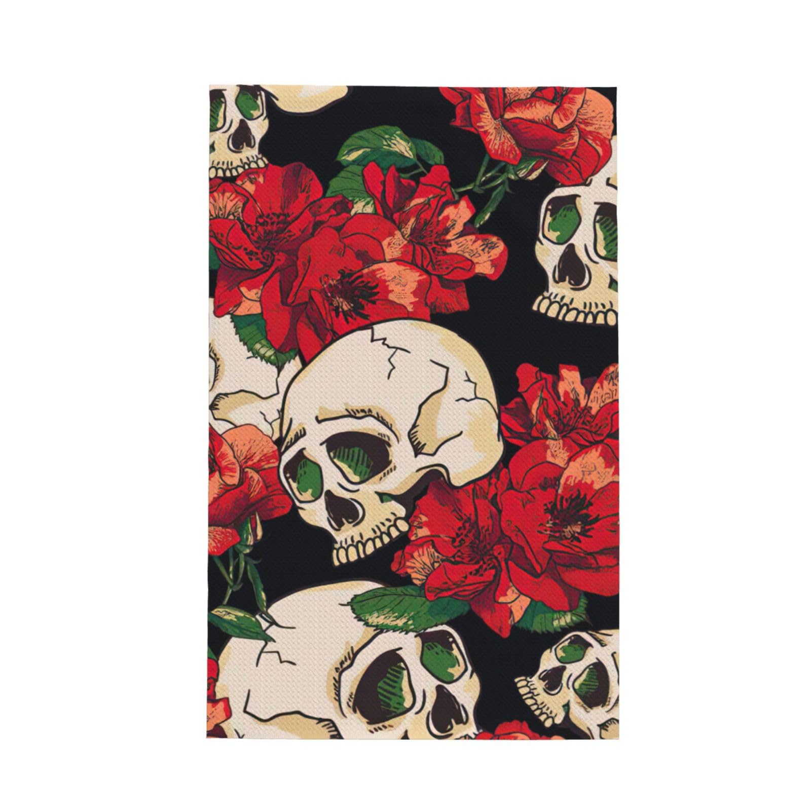 CKGODGF Skull Rose-Red Print Absorbent Waffle Dishcloths,Kitchen Towels With Hanging Loops,Tea Towels.
