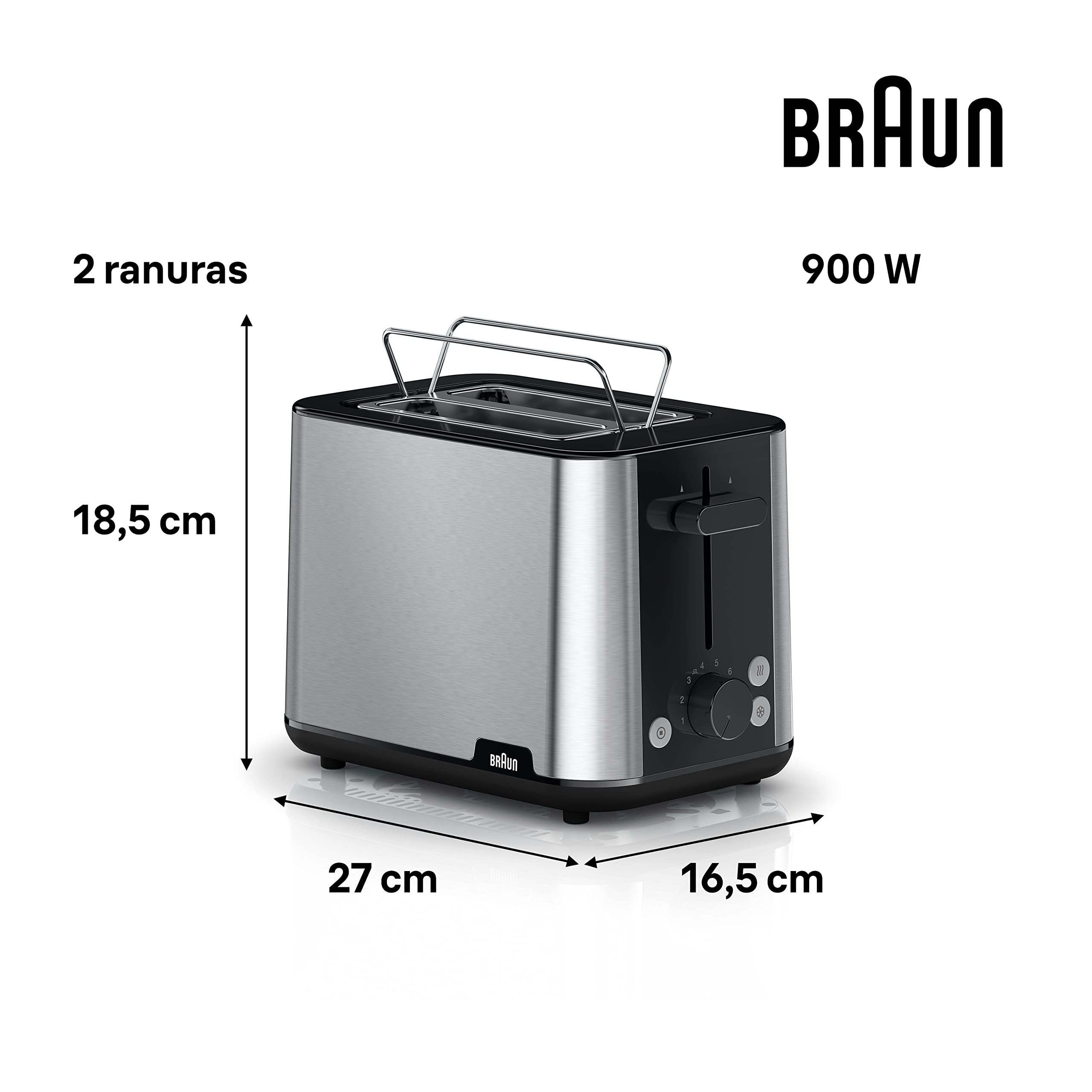 Braun PurShine Tostadora, Tostadora de 2 Ranuras, 8 Niveles de Tostado, Funciones de Recalentado y Descongelación, Bandeja Recogemigas, HT1510BK, 900W, Negro