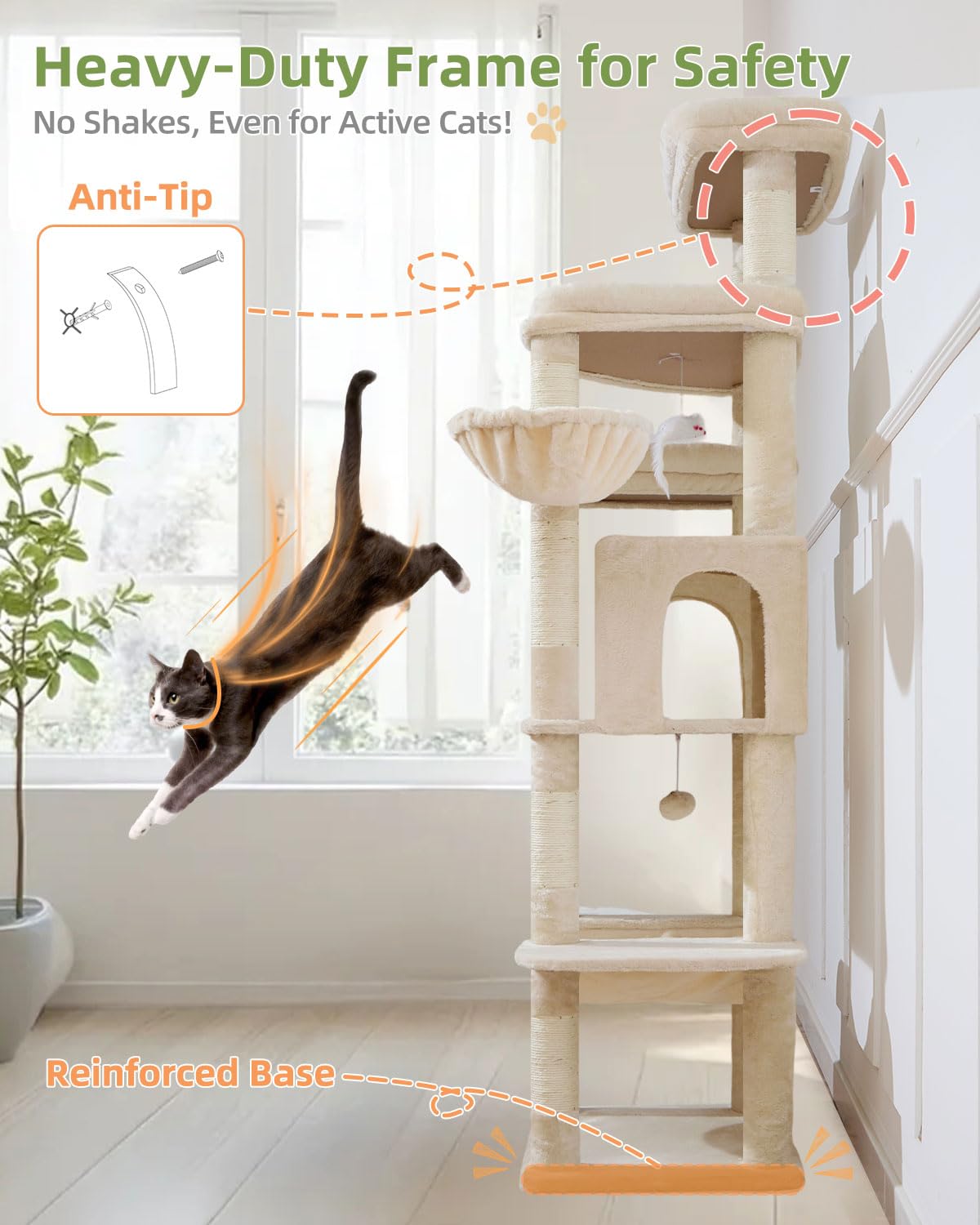 Taoqimiao Arbre a Chat Maine Coon,180cm Stable Arbres à Chat Grand Format XXL avec Condos Spacieux pour Chats, 8 Griffers, Très Grand Plateformes, Hamac, Panier pour Matou, MS034M Beige