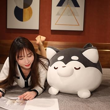 Plush Husky Stuffed Animal Husky Dog Hugging Pillow Cuddly Plushies Dog Toy Huggable Anime Husky Gifts for Children and Lovers in Birthday, Valentines (Black, 16 Inch)