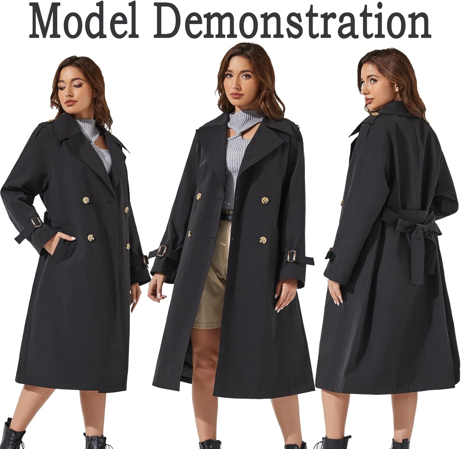 Women's Double Breasted Long Trench Coat Windproof Classic Lapel | Side Pocket Thin Coat With Belt. - Image 6