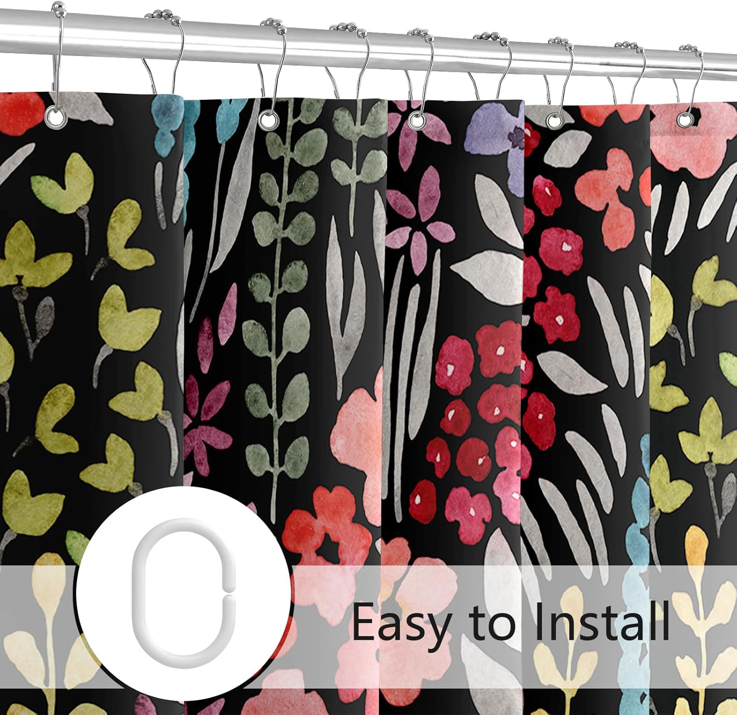 Extra Long Shower Curtain 72 x 96 Inch, Floor to Ceiling X-Long Tall Cute Floral for Bathroom, 8 Foot Colorful Wildflower Boho Cottagecore Fabric, Black