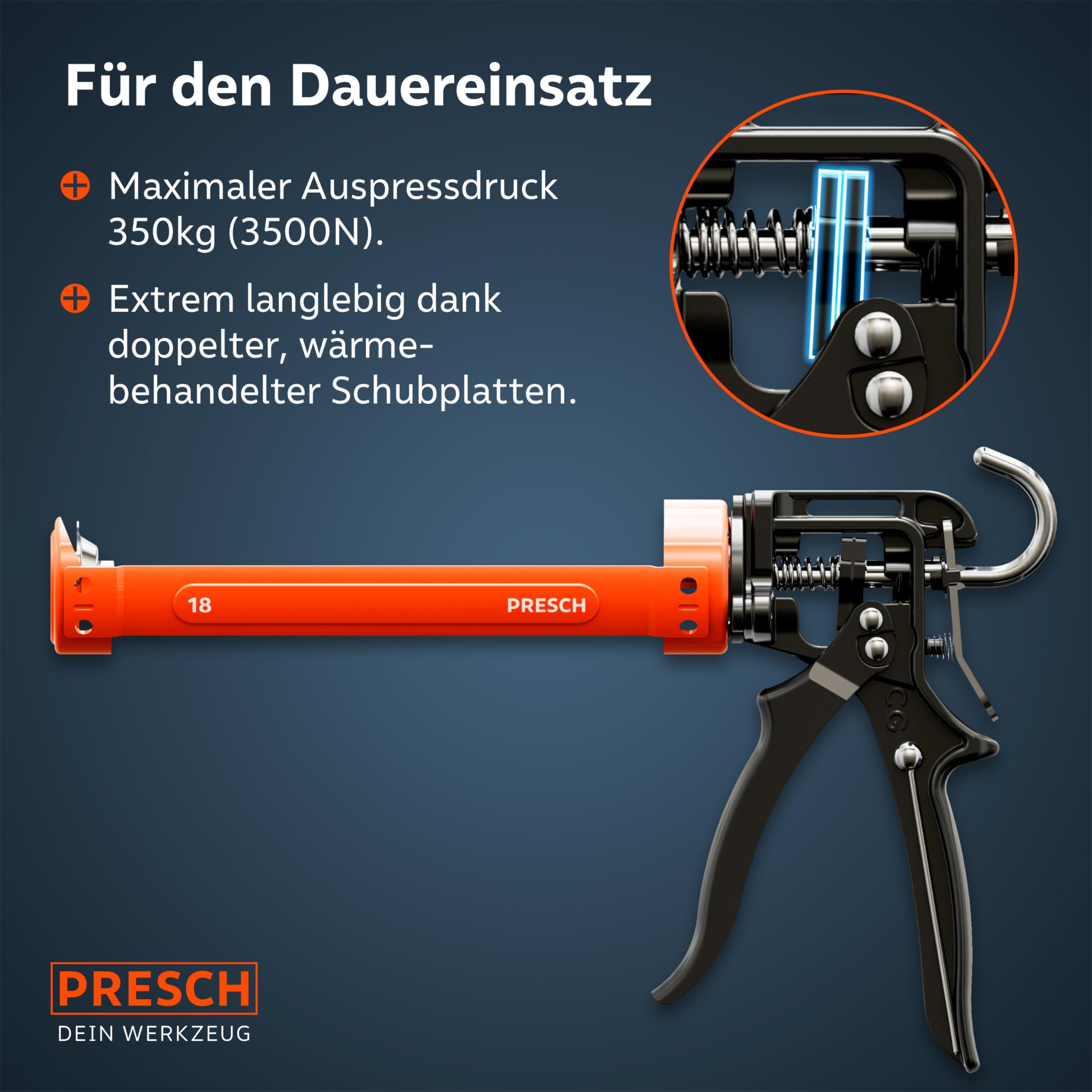 Presch Kartuschenpresse 18:1 Übersetzung & Nachlaufstopp - Silikonspritze für Kartuschen bis 310ml (Mittlere Viskosität, Montagekleber) - Kartuschenpistole 360° drehbar inkl. Einstechwerkzeug