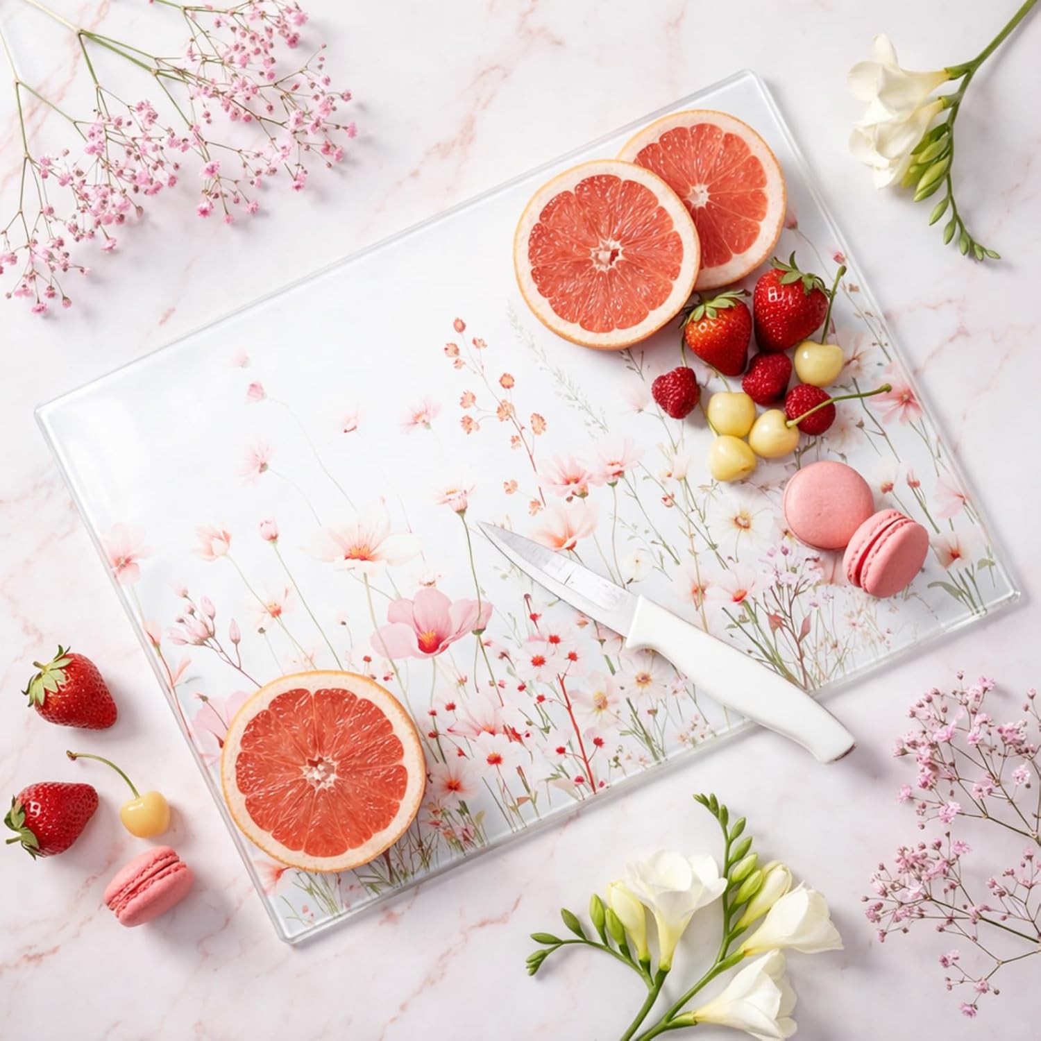 LemonRoad 2 Pcs Tempered Glass Cutting Board for Kitchen Counter, Pink Flower Decorative Cutting Board, Heat Resistant, with Anti-slip Feet, Large and Small 12''x16" & 8''x12", Dishwasher Safe