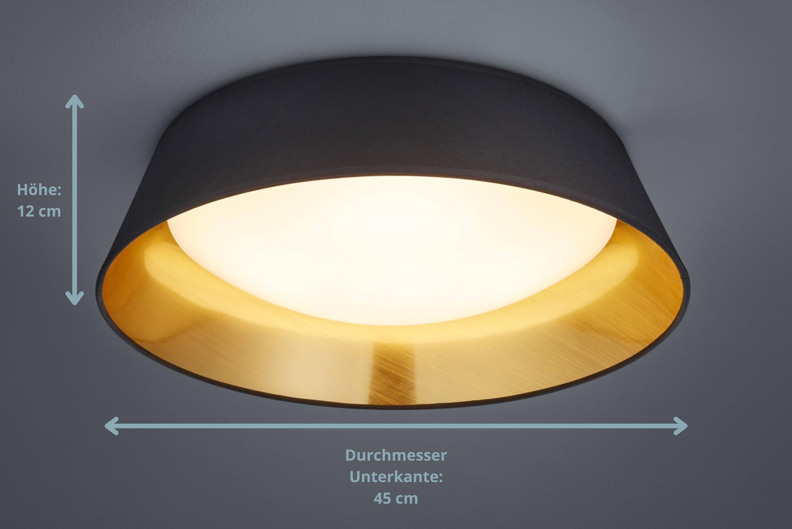 modern Deckenleuchte Micha, Stoffschirm schwarz/Innenseite gold, 14W LED Leuchtmittel inklusive, ø 35.5/45 cm, Höhe 12 cm