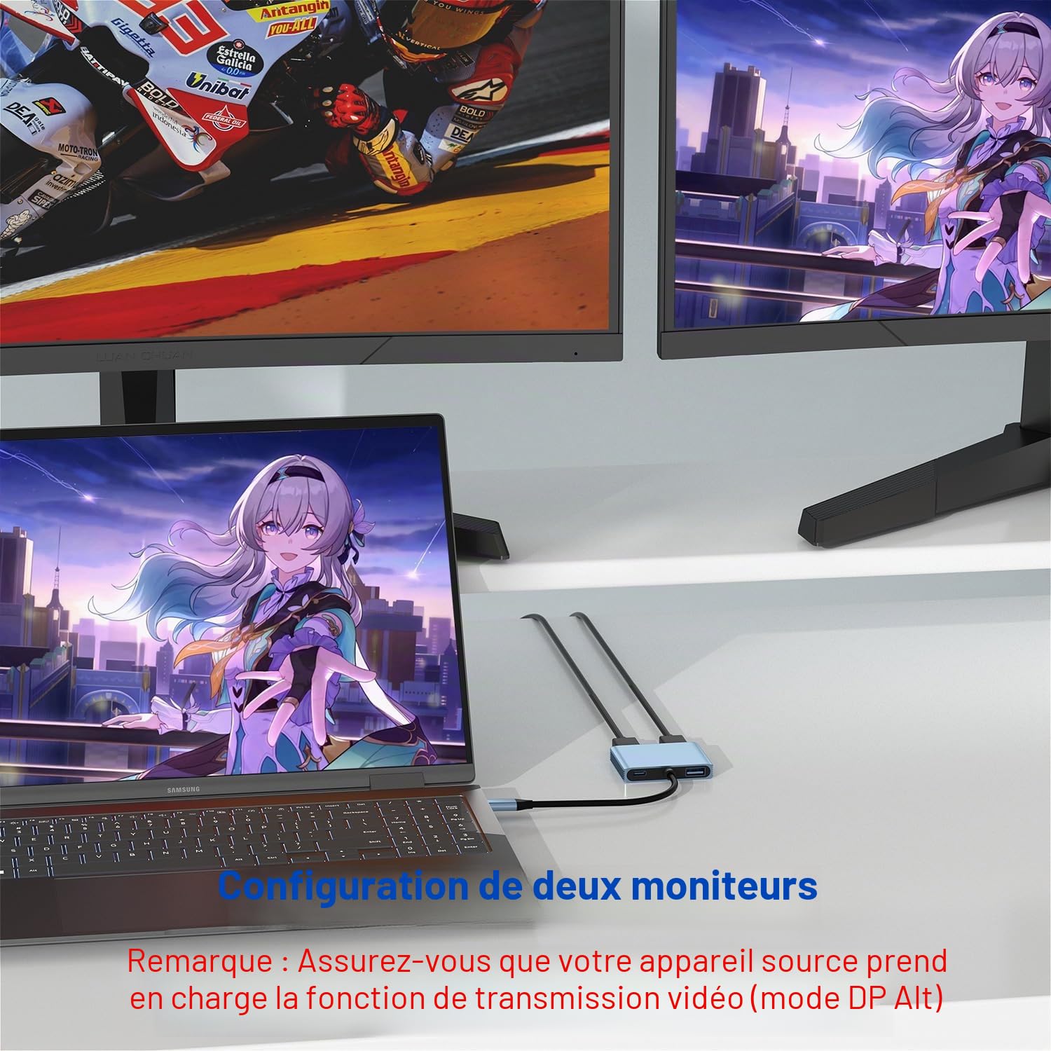 Adaptateur répartiteur USB C vers double DisplayPort 4K @ 30 Hz, adaptateur double moniteur pour écran étendu avec 2 DisplayPort/USB 3.0/100 W PD Charge rapide, compatible avec MacBook/HP/Dell/Lenovo