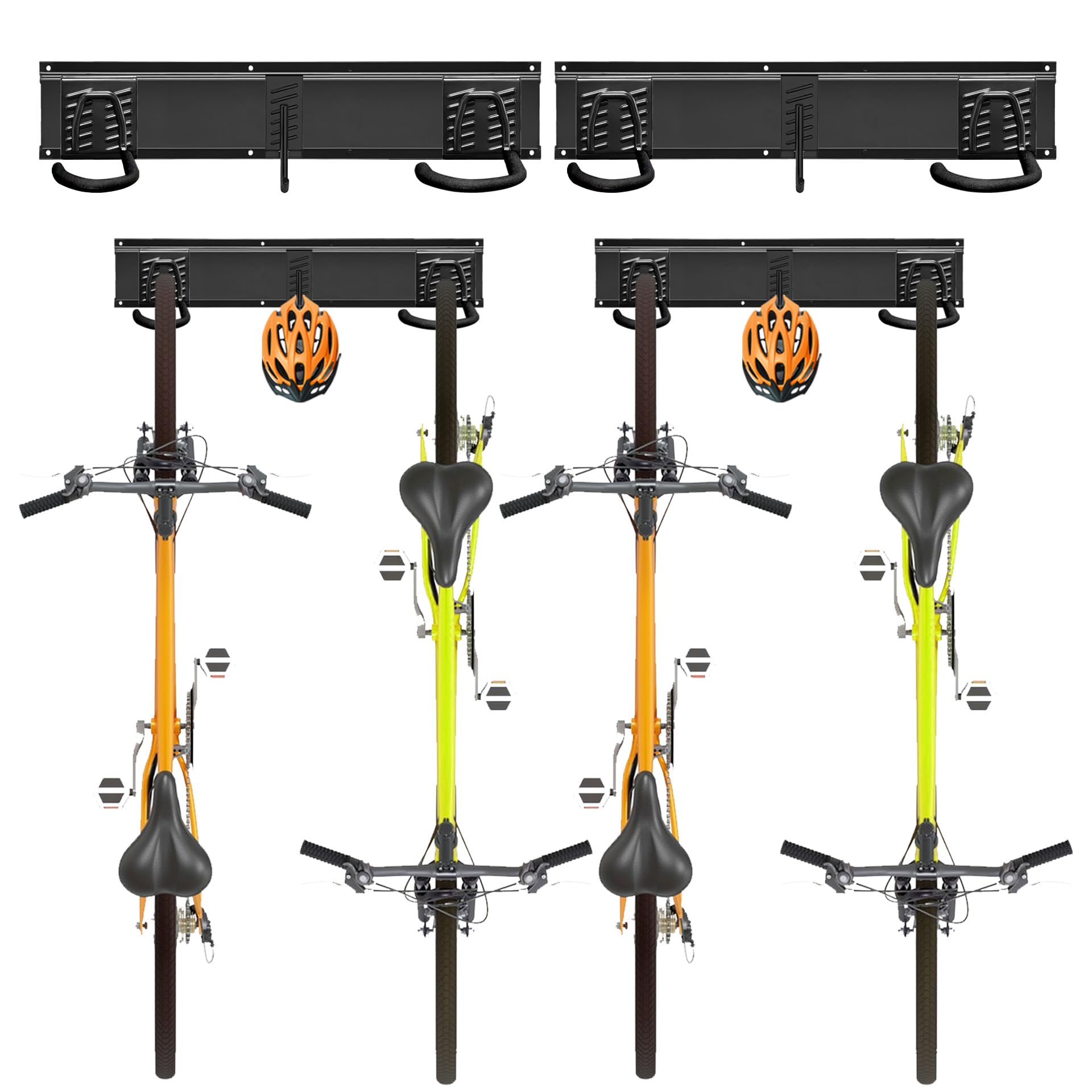 Mimoke Soporte de pared vertical ajustable para bicicleta eléctrica, MTB y bicicleta de carretera, soporte de pared para bicicletas y ganchos para casco (para 4 bicicletas 2 rieles)
