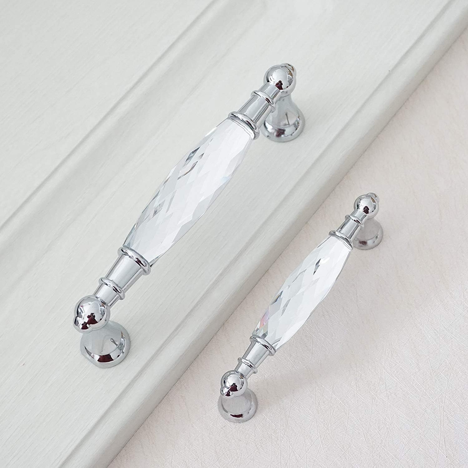 Crystal Drawer Pulls Handles 3.75'' Hole to Hole Clear Glass Cabinet Knobs Pulls Dresser Knob Chrome Metal Silver Modern Cupboard Kitchen Bathroom Knobs (5, 5.0" Hole to Hole)