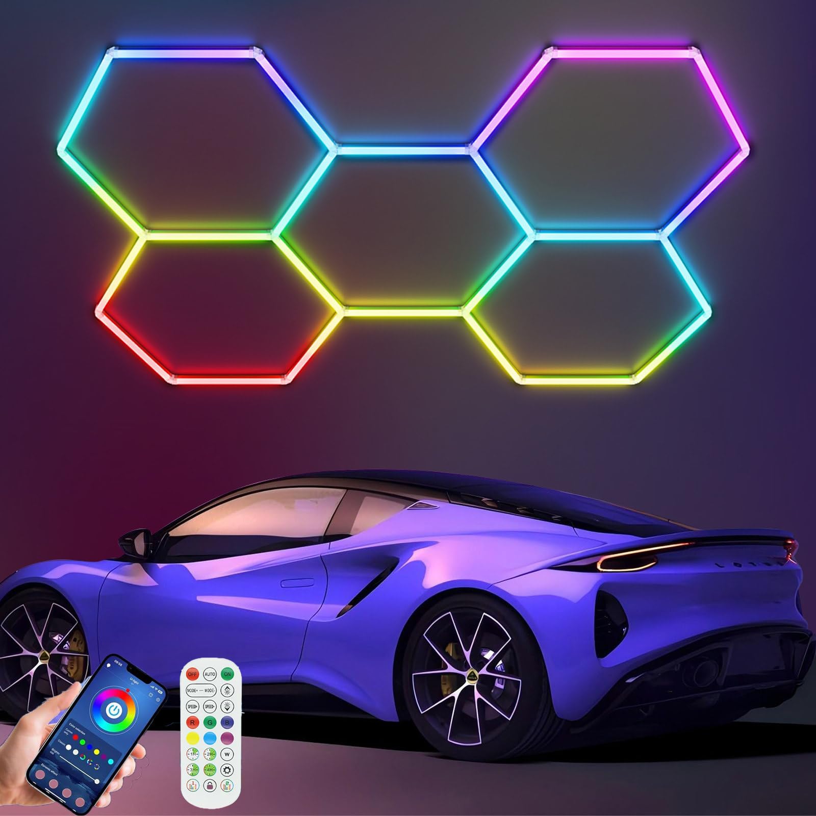 światła sufitowe sześciokątne RGB, Lampki sześciokątne sterowane aplikacją, z pilotem, miód plasterkowy RGB zmieniający kolor RGB do auto kosmetyków, bar, siłowni, warsztaty, warsztaty