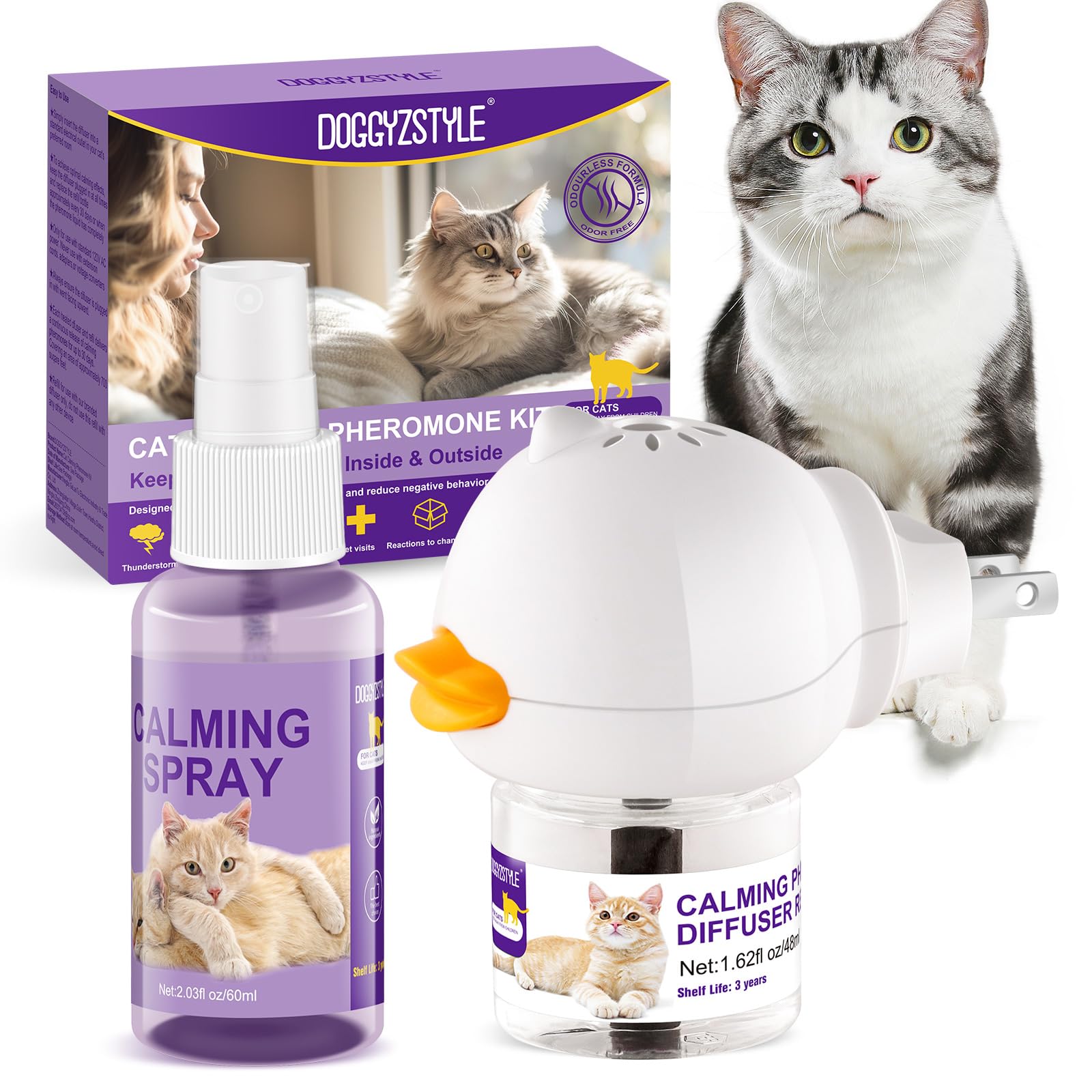 Cat Calming Pheromone Diffuser And Spray,Juego De Difusor De Feromonas Para Gatos,Spray Calmante Para Gatos,Alivia El Estrés Por Ansiedad,Reduce Las Peleas Y Los Arañazos (1 Recarga+1 Spray)