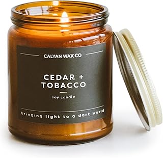 Calyan Wax Co. Soy Wax Candle, Cedar + Tobacco Scented Candle, 57 Hour Burn Time, Aromatherapy Soy Candles, Non Toxic & Vegan Soy Wax, Amber Glass Jar Scented Candles, 7.2oz