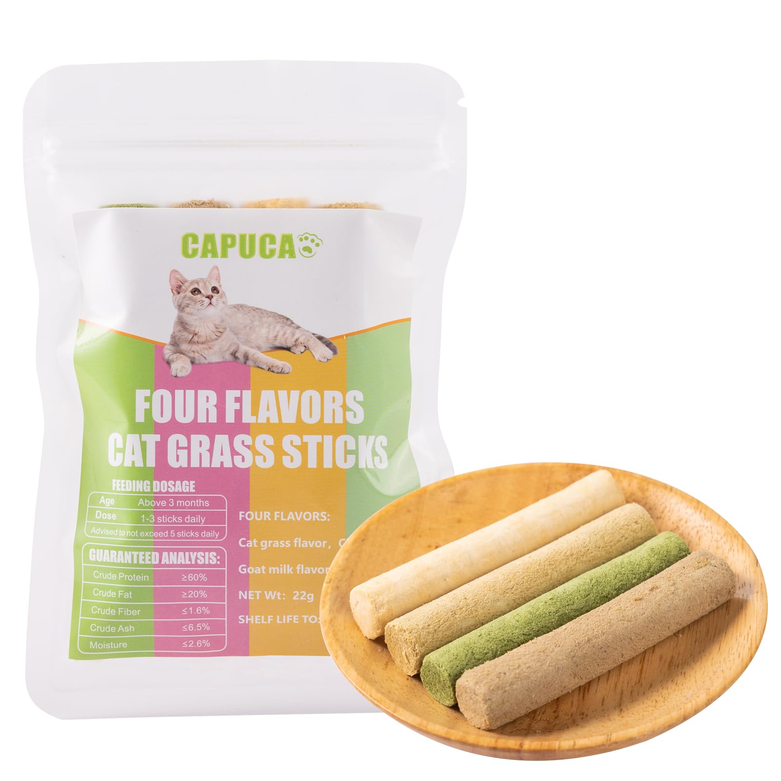 capuca Cat Grass Teething Stick - 4 Flavors (Chicken Goat Milk Salmon) Freeze-Dried Cat Treats for Hairball Control Teeth Cleaning Functional Dental Snacks for Cats Kittens