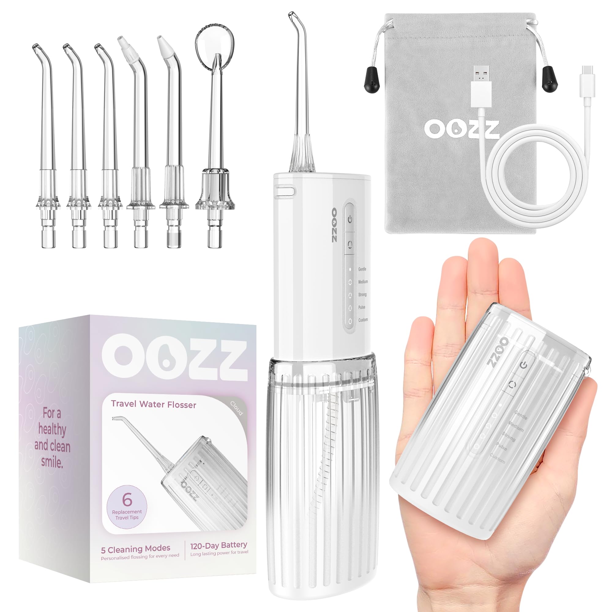 Irrigateur buccal de voyage OOZZ avec USB-C et 5 modes de nettoyage