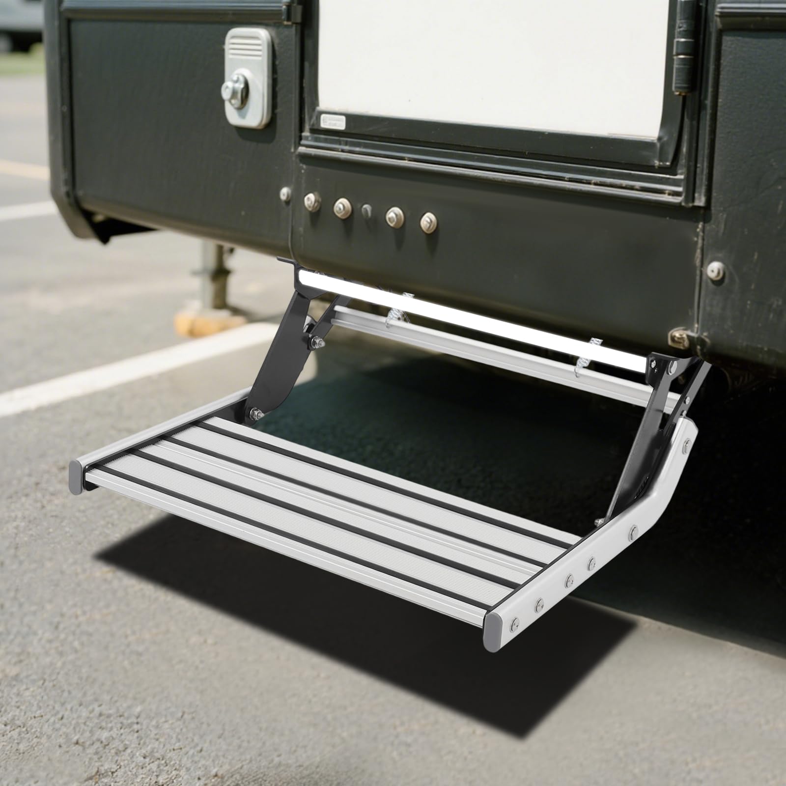 Gradino esterno per camper in alluminio con illuminazione a LED, pieghevole manualmente, antiscivolo, resistente alle intemperie, gradino singolo, facile da montare, accessorio per roulotte, camper