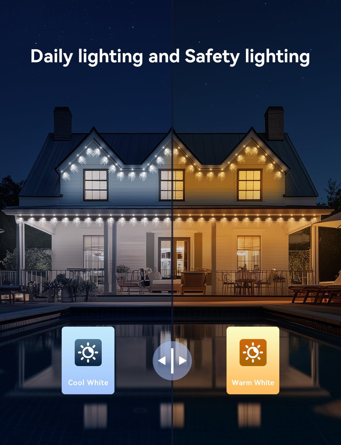 A house split into two halves, one showing cool white lighting and the other warm white lighting, illustrating the daily and safety lighting capabilities of the product.